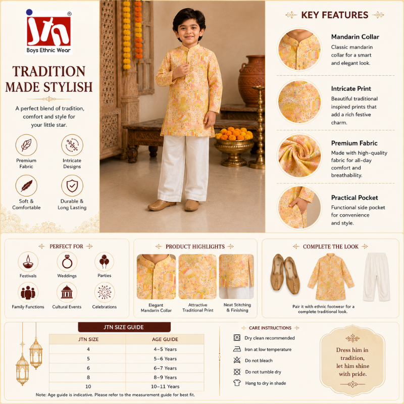 JTN Boys Ethnic Wear Printed Yellow Kurta with White Pajama Set