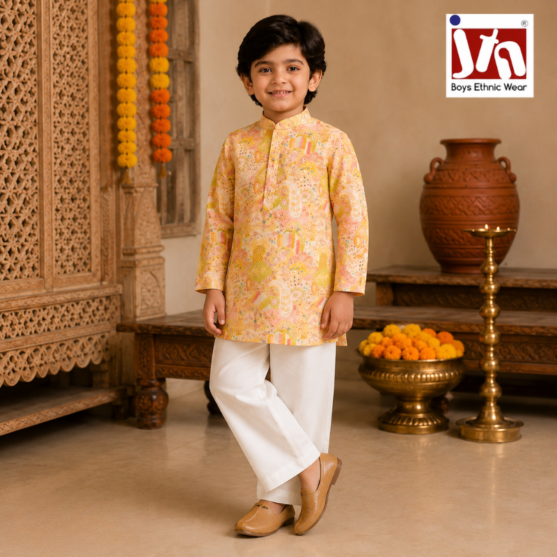 JTN Boys Ethnic Wear Printed Yellow Kurta with White Pajama Set