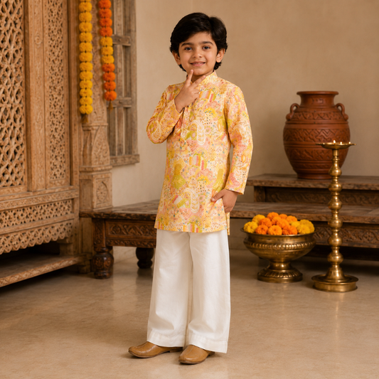 JTN Boys Ethnic Wear Printed Yellow Kurta with White Pajama Set
