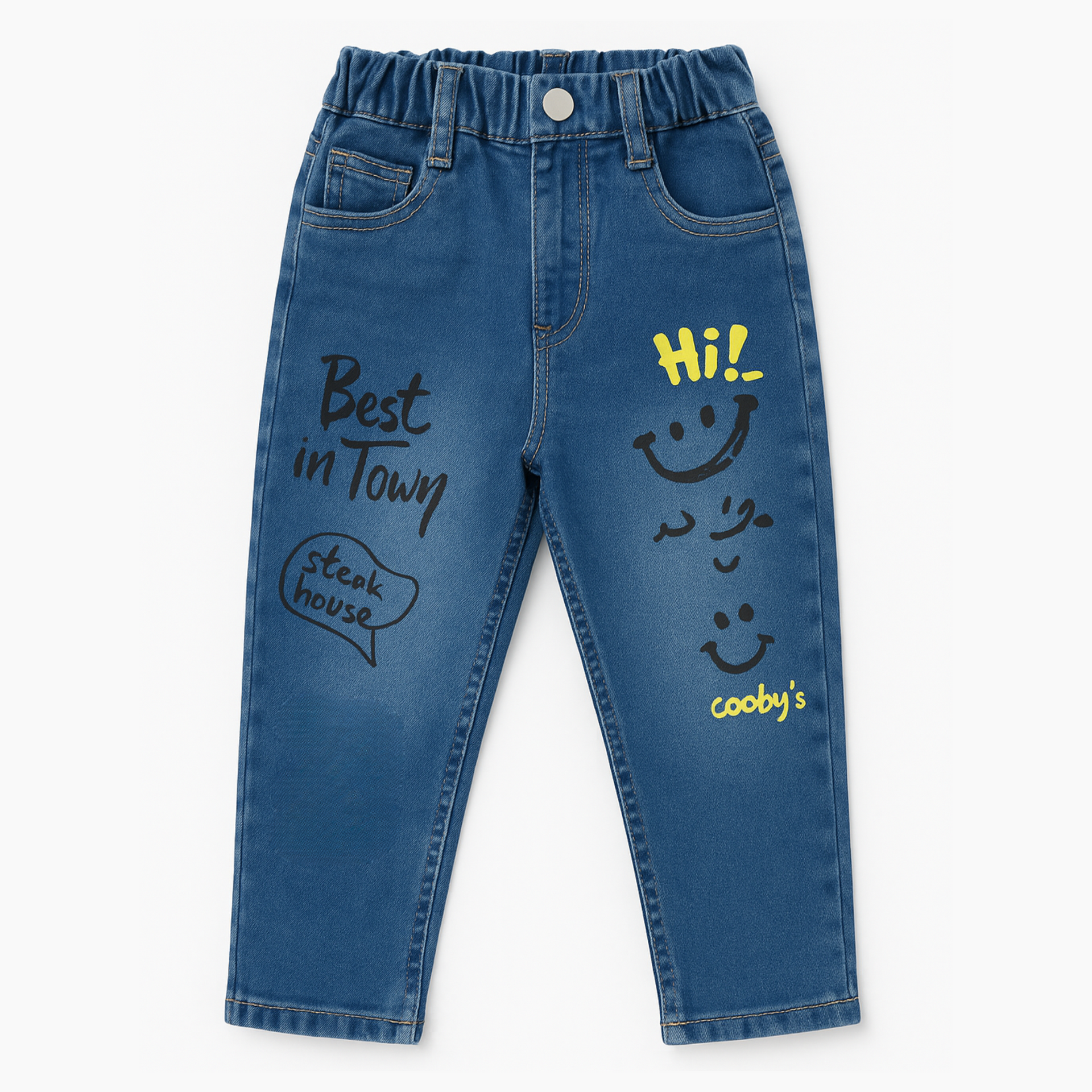 Smile Baby Boys Blue Denim Jeans (Age 5–10 Years) – Fun Printed Stylish Kids’ Jeans