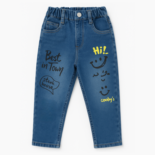 Smile Baby Boys Blue Denim Jeans (Age 5–10 Years) – Fun Printed Stylish Kids’ Jeans