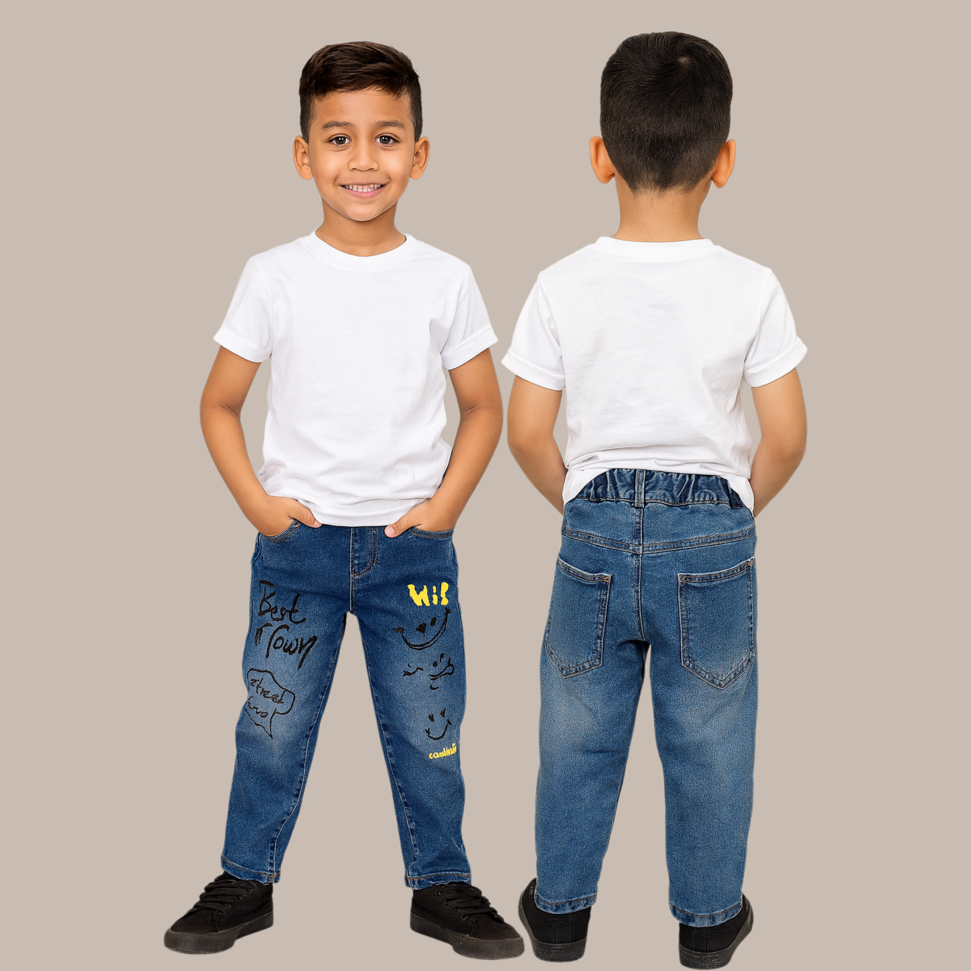 Smile Baby Boys Blue Denim Jeans (Age 5–10 Years) – Fun Printed Stylish Kids’ Jeans