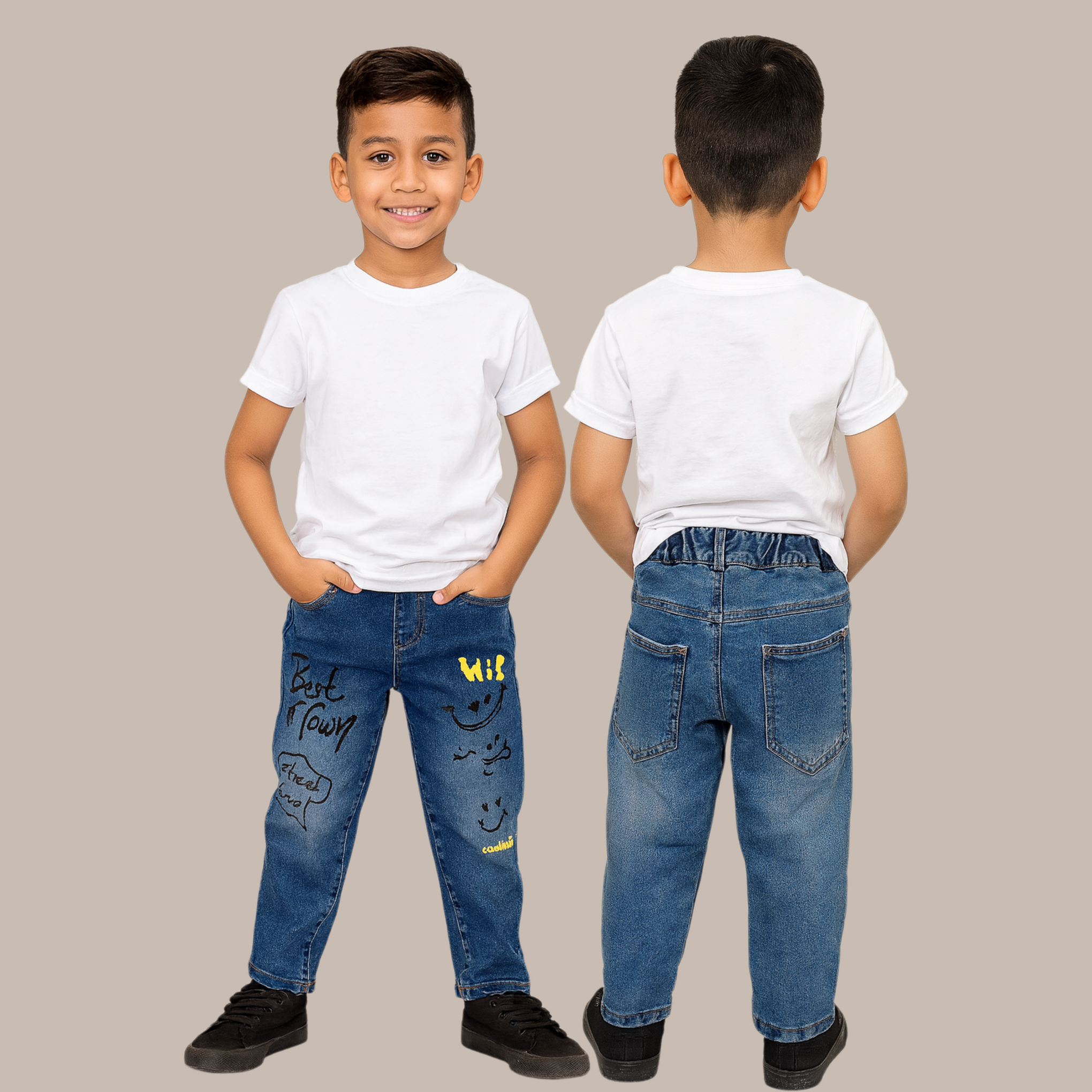 Smile Baby Boys Blue Denim Jeans (Age 5–10 Years) – Fun Printed Stylish Kids’ Jeans