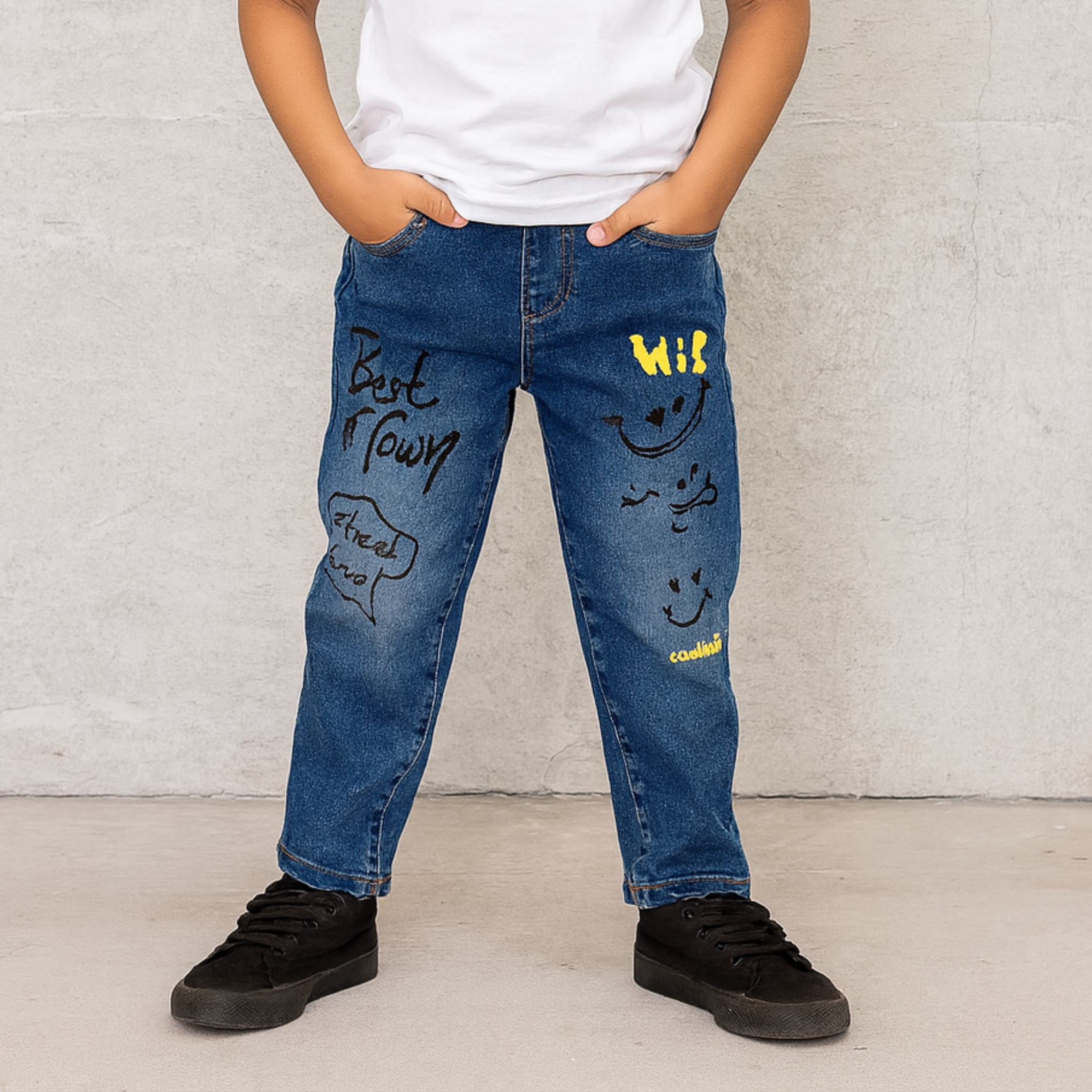 Smile Baby Boys Blue Denim Jeans (Age 5–10 Years) – Fun Printed Stylish Kids’ Jeans