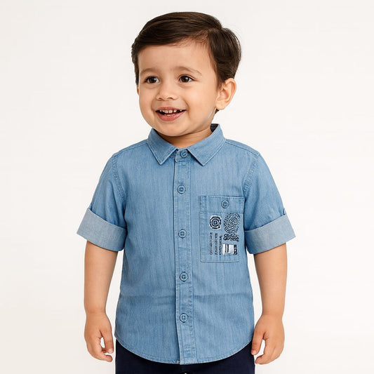 Blazo Boys Embroidered Denim Shirt with Full Sleeves – L.Denim (9 Months–10 Years)