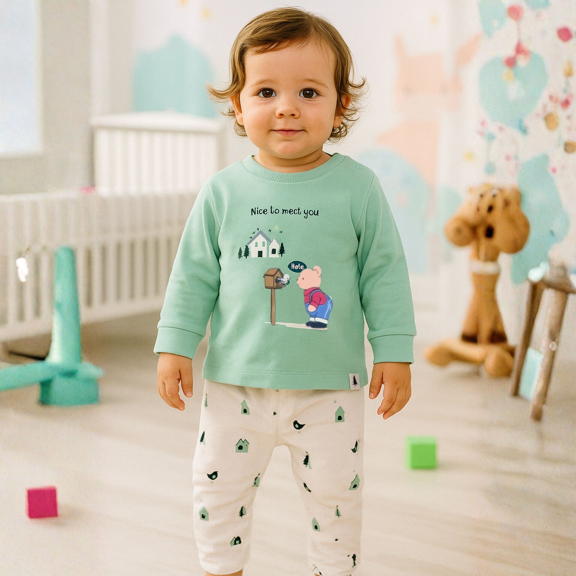 OLLYPOP “Nice To Meet You” Full Sleeve Boys T-Shirt & Pant Set – Soft Cotton Outfit (3M–3Y) – Scuba & Mulberry