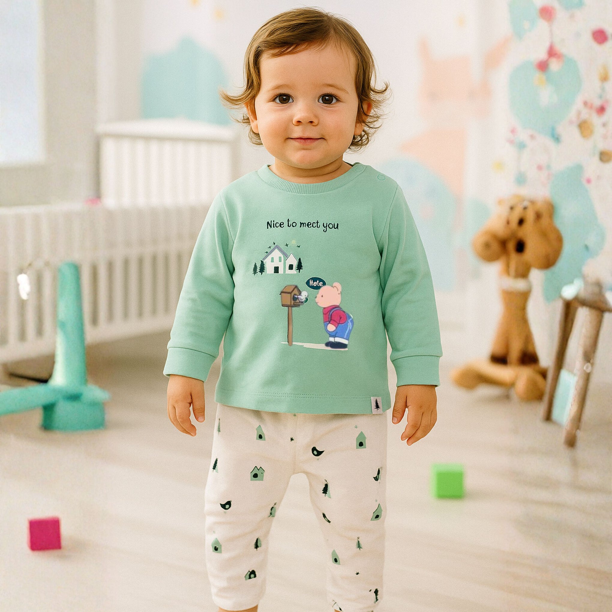 OLLYPOP “Nice To Meet You” Full Sleeve Boys T-Shirt & Pant Set – Soft Cotton Outfit (3M–3Y) – Scuba & Mulberry