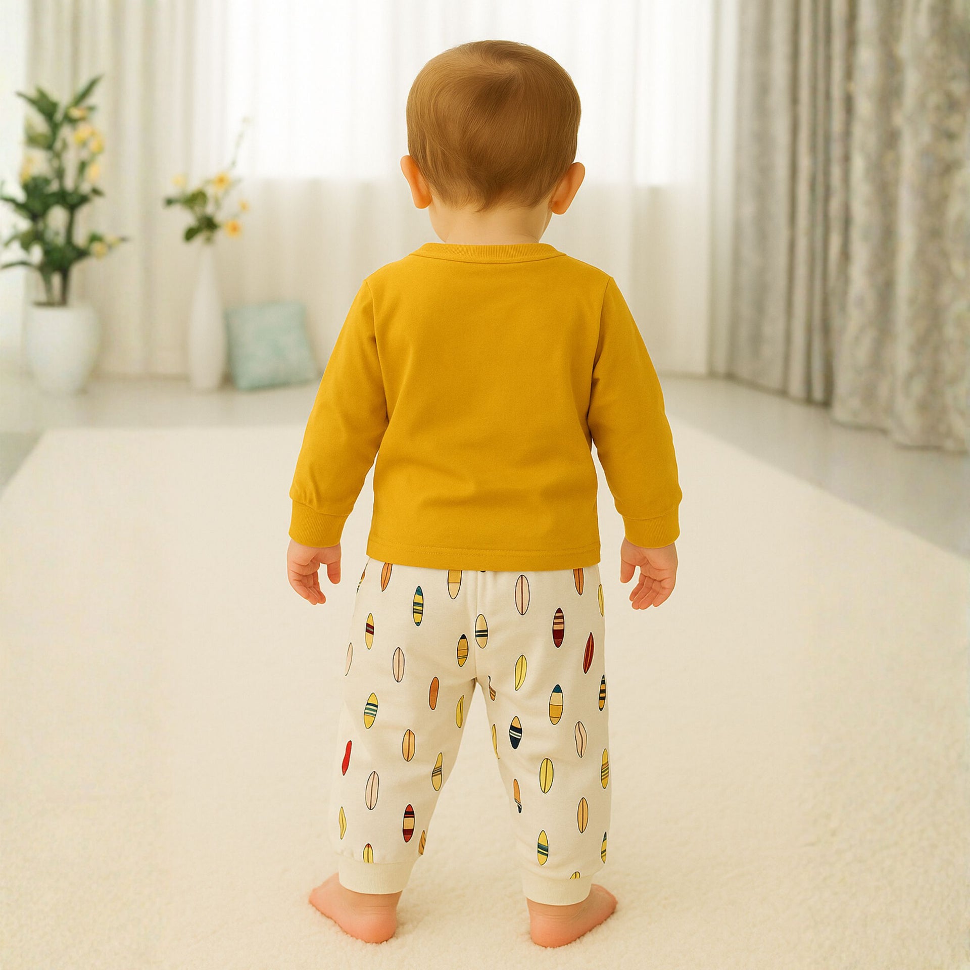 OLLYPOP Boys Printed Top & Jogger Set – Amber & Peach | 6 Months to 3 Years