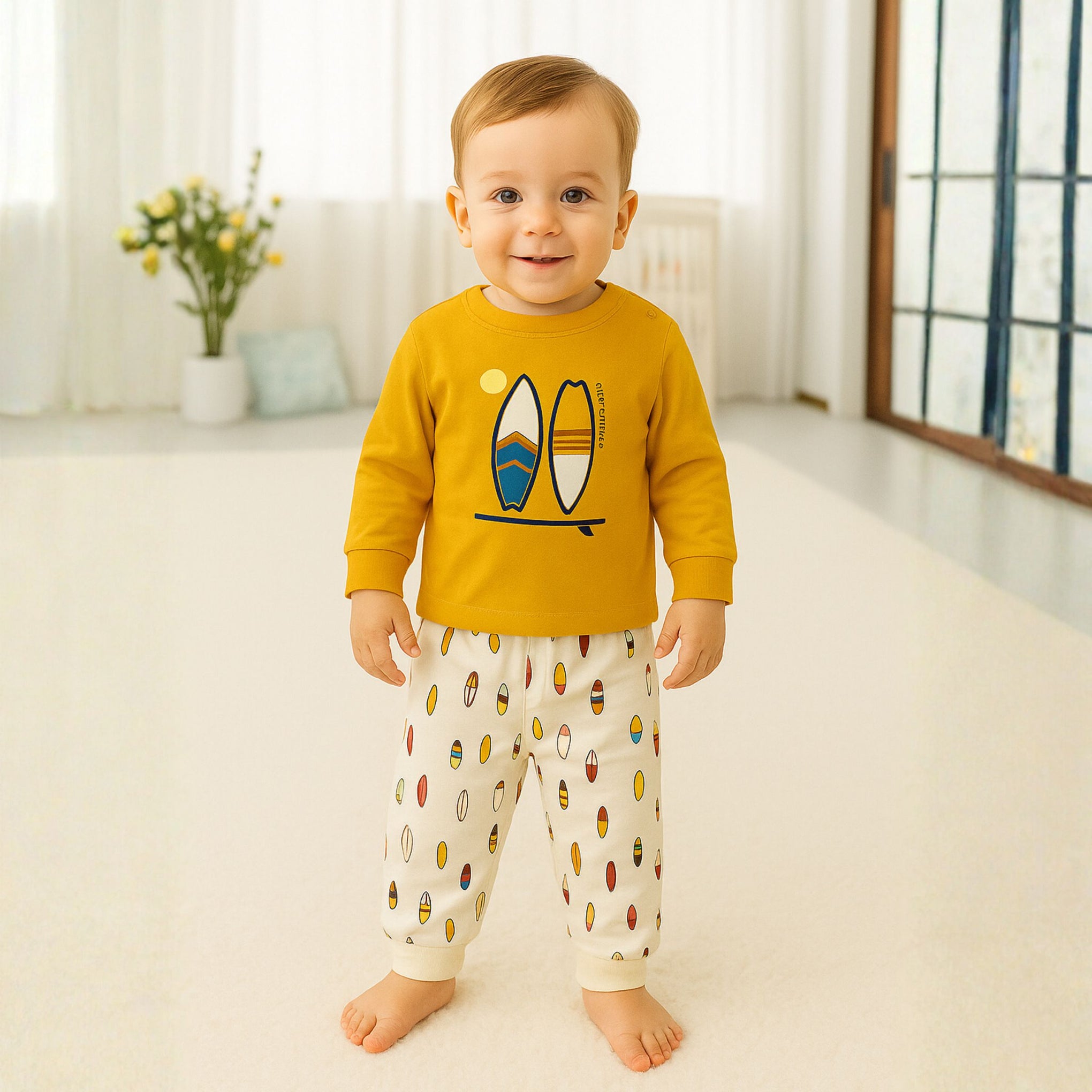 OLLYPOP Boys Printed Top & Jogger Set – Amber & Peach | 6 Months to 3 Years