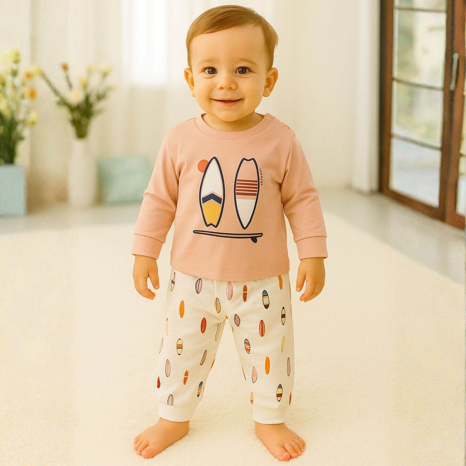 OLLYPOP Boys Printed Top & Jogger Set – Amber & Peach | 6 Months to 3 Years