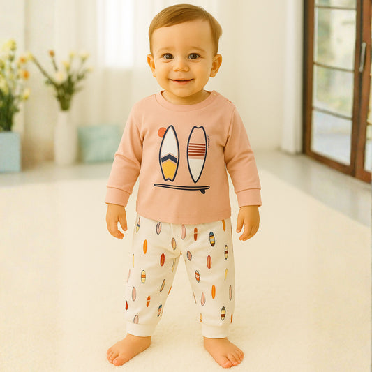 OLLYPOP Boys Printed Top & Jogger Set – Amber & Peach | 6 Months to 3 Years