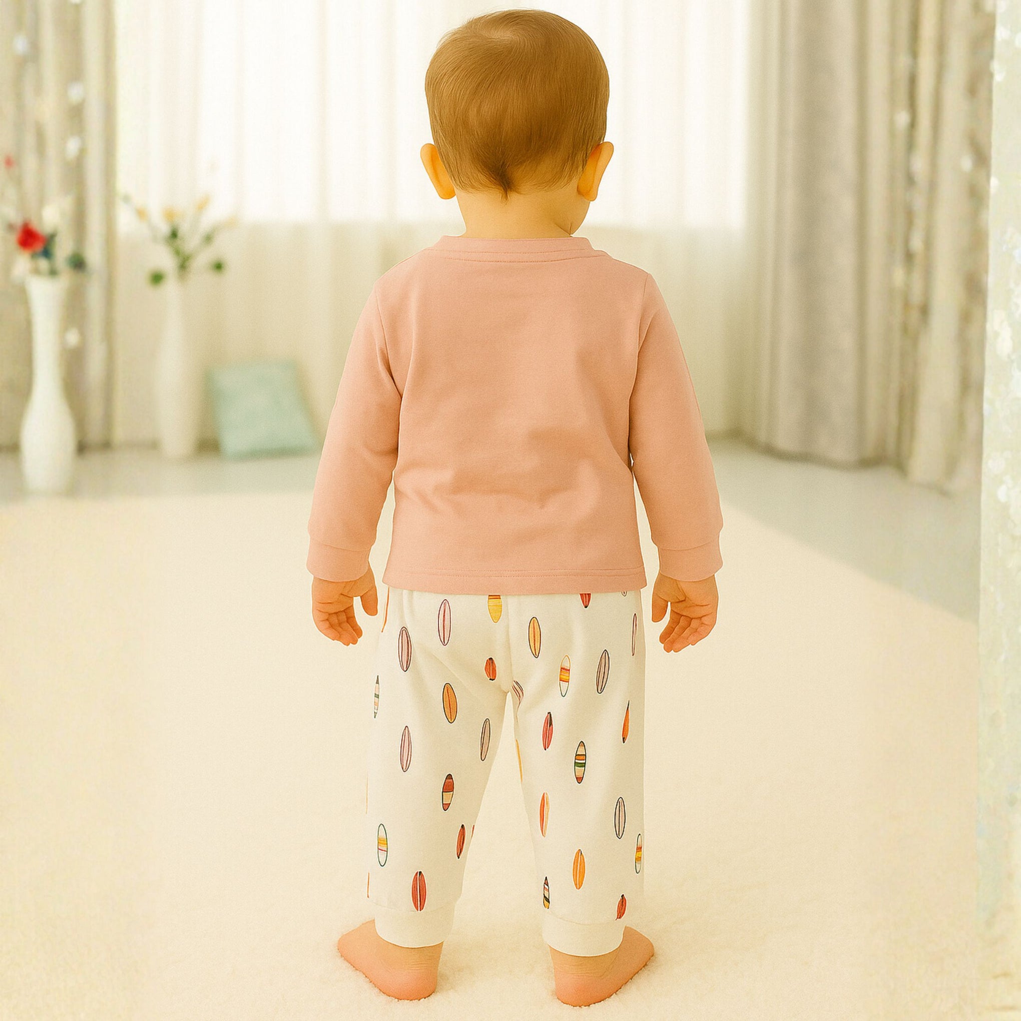 OLLYPOP Boys Printed Top & Jogger Set – Amber & Peach | 6 Months to 3 Years