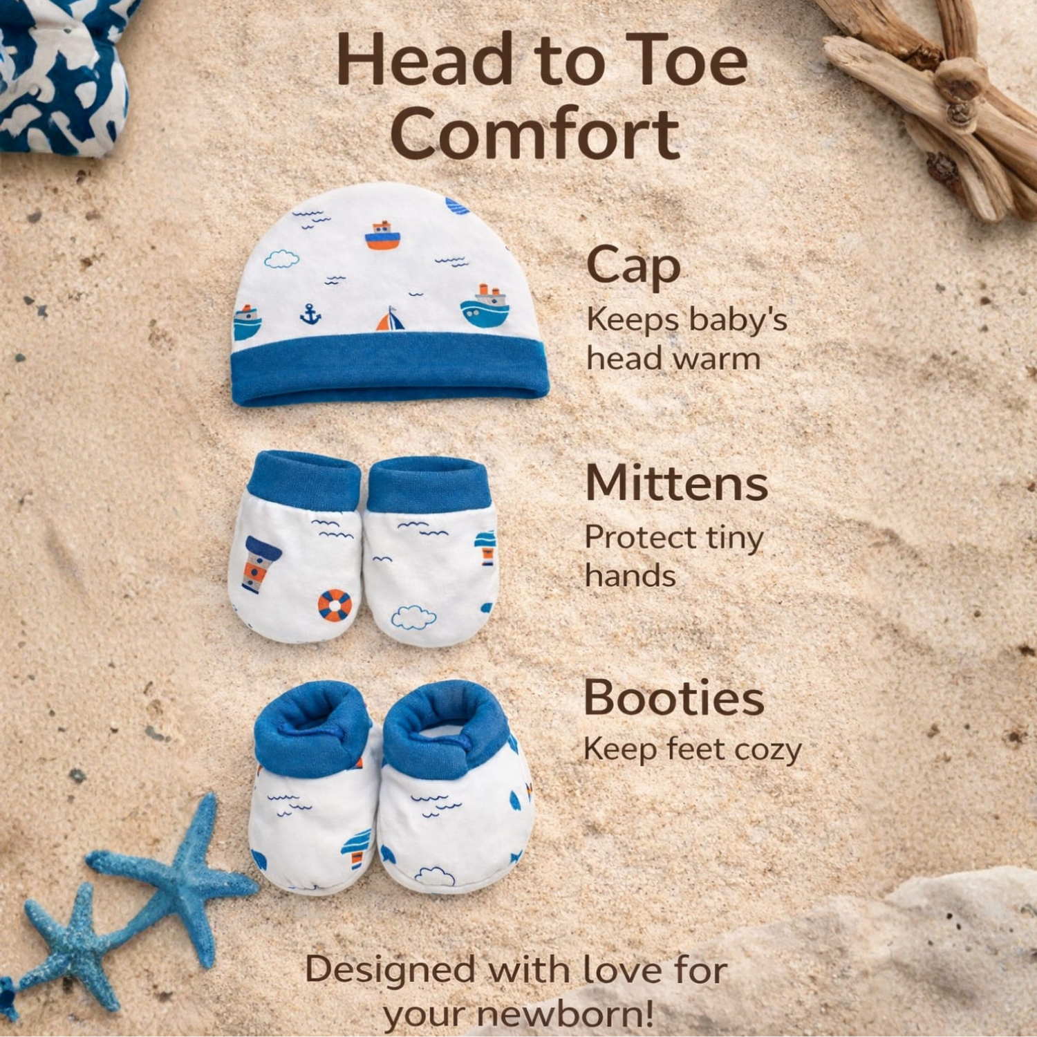 Smile Baby Newborn Cap, Mittens & Booties Set – Soft Cotton Head-to-Toe Comfort (0–12 Months)