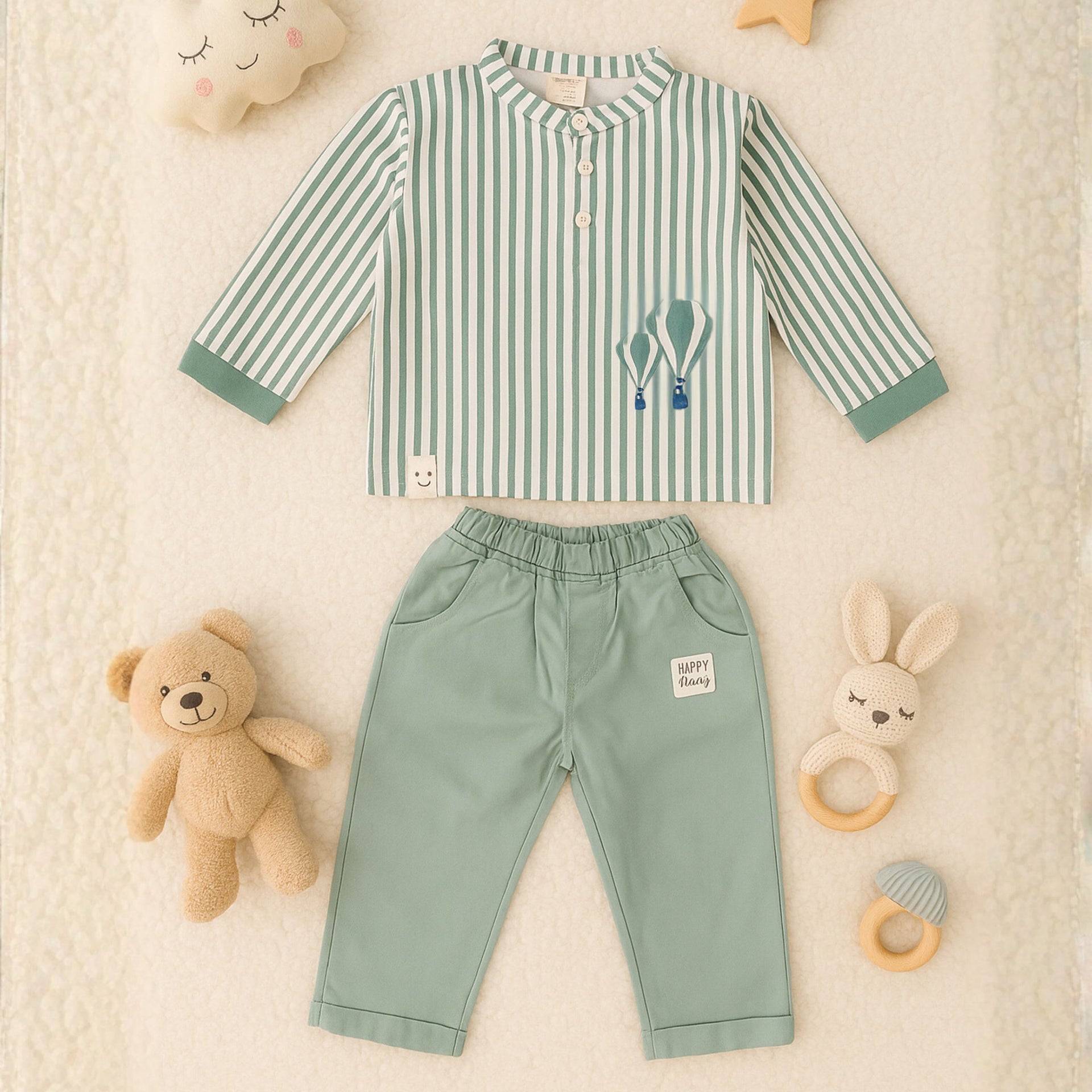 OLLYPOP Baby Boys Striped Top & Pants Set | Soft Cotton Outfit for 3 Months – 3 Years (Peach / Green)