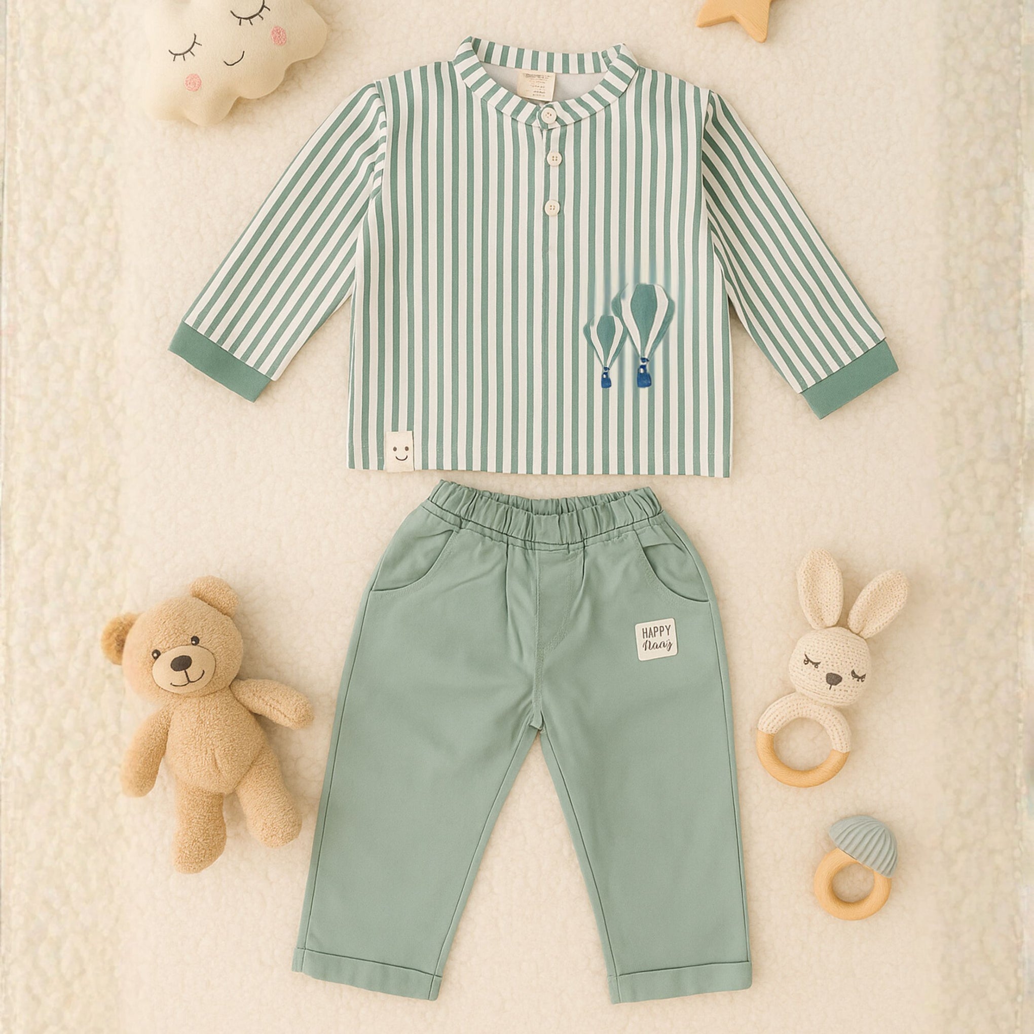 OLLYPOP Baby Boys Striped Top & Pants Set | Soft Cotton Outfit for 3 Months – 3 Years (Peach / Green)