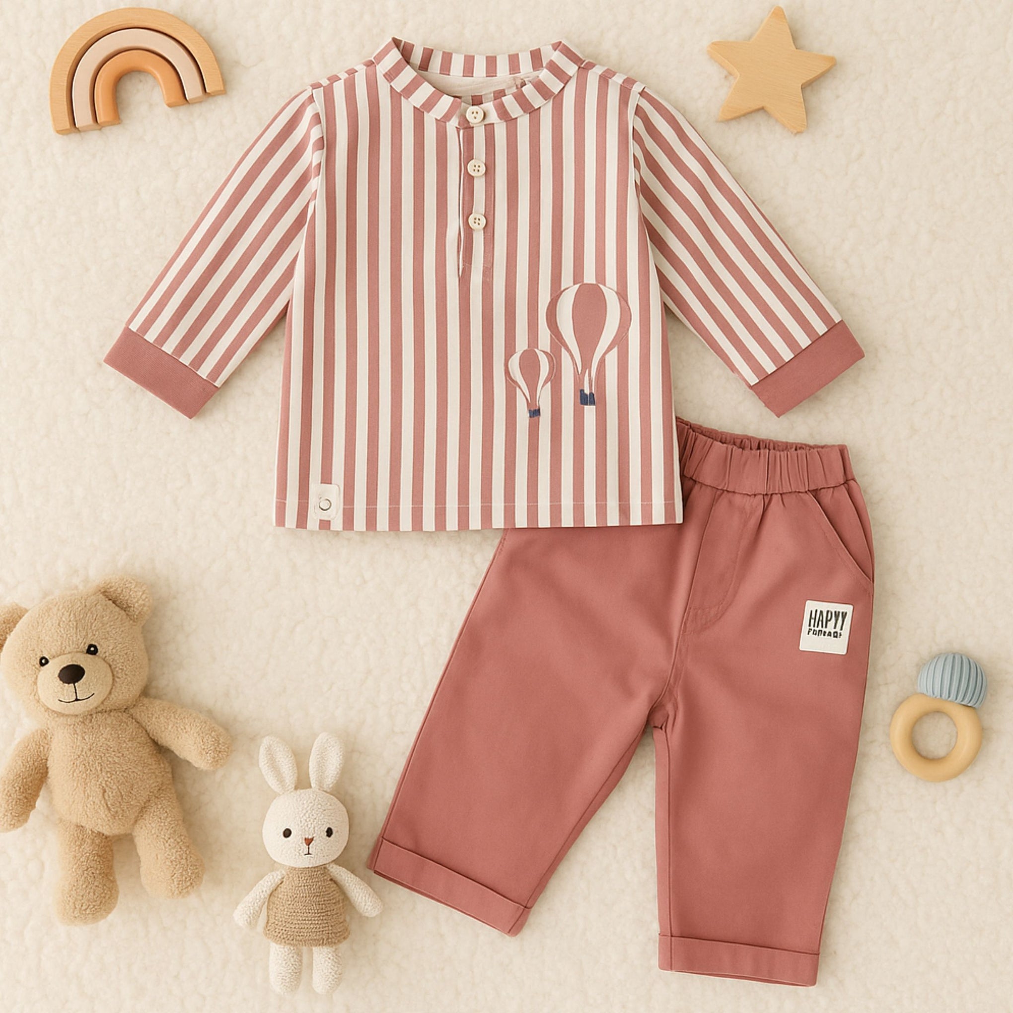 OLLYPOP Baby Boys Striped Top & Pants Set | Soft Cotton Outfit for 3 Months – 3 Years (Peach / Green)