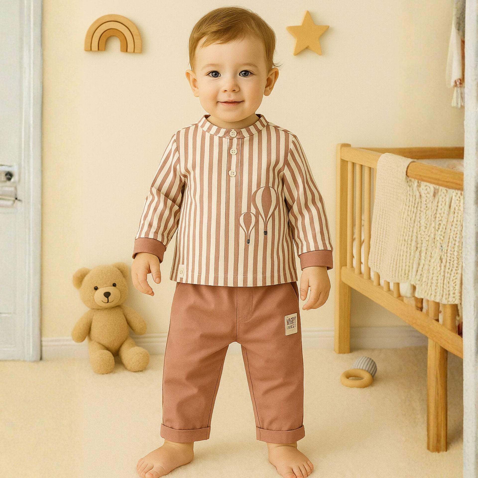 OLLYPOP Baby Boys Striped Top & Pants Set | Soft Cotton Outfit for 3 Months – 3 Years (Peach / Green)