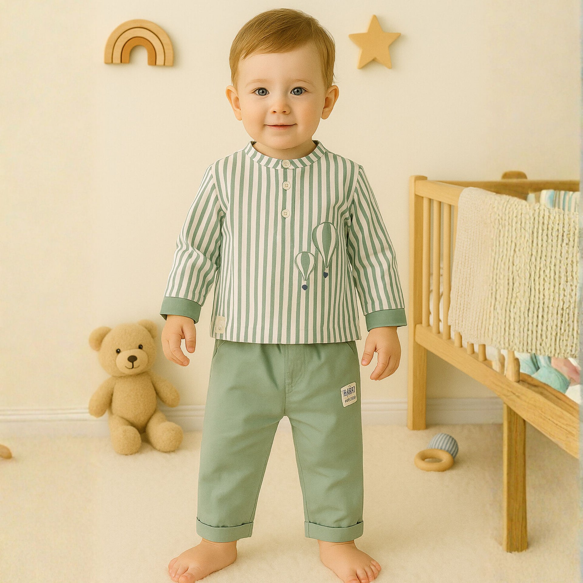 OLLYPOP Baby Boys Striped Top & Pants Set | Soft Cotton Outfit for 3 Months – 3 Years (Peach / Green)