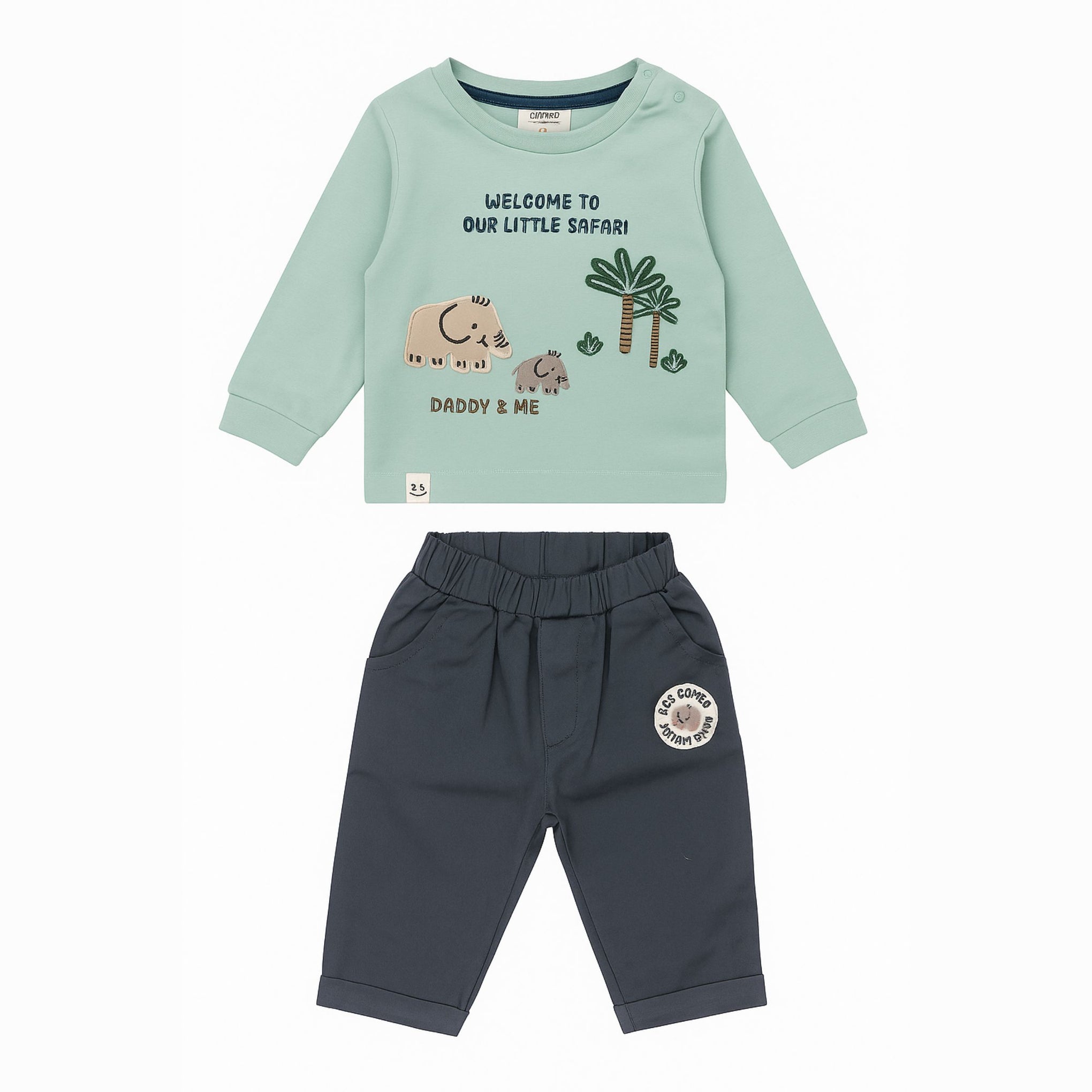 OLLYPOP Baby Boys “Daddy & Me Safari” Cotton T-Shirt and Pant Set | Elephant Print Outfit (3M–24M)