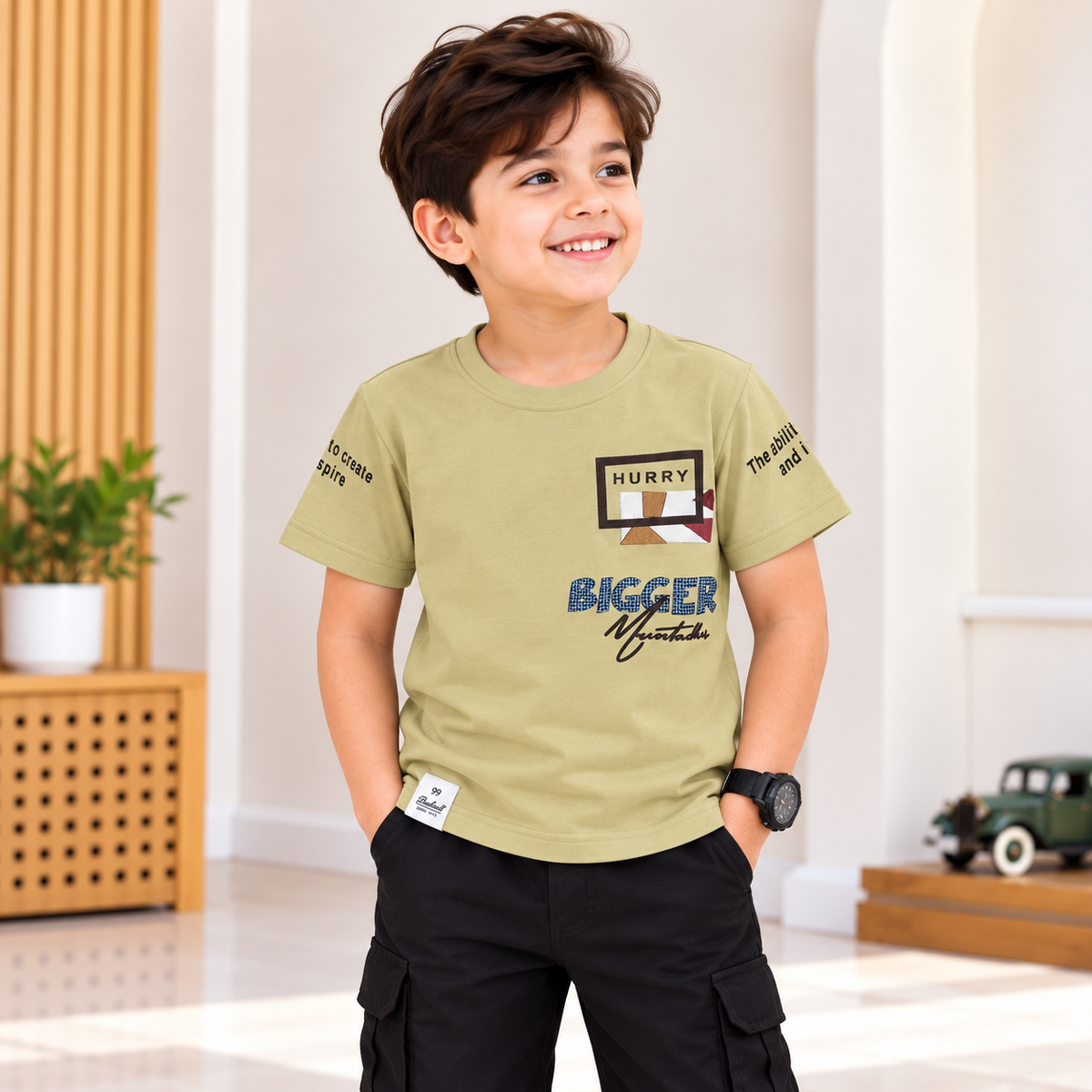99 BALLON boys olive green graphic T-shirt front photoshoot