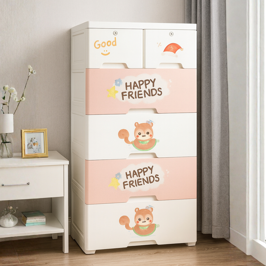 Smile Baby 5-Layer Kids Storage Cabinet – “Happy Friends” Cartoon Drawer Almirah | Large Plastic Organizer for Baby & Kids’ Room