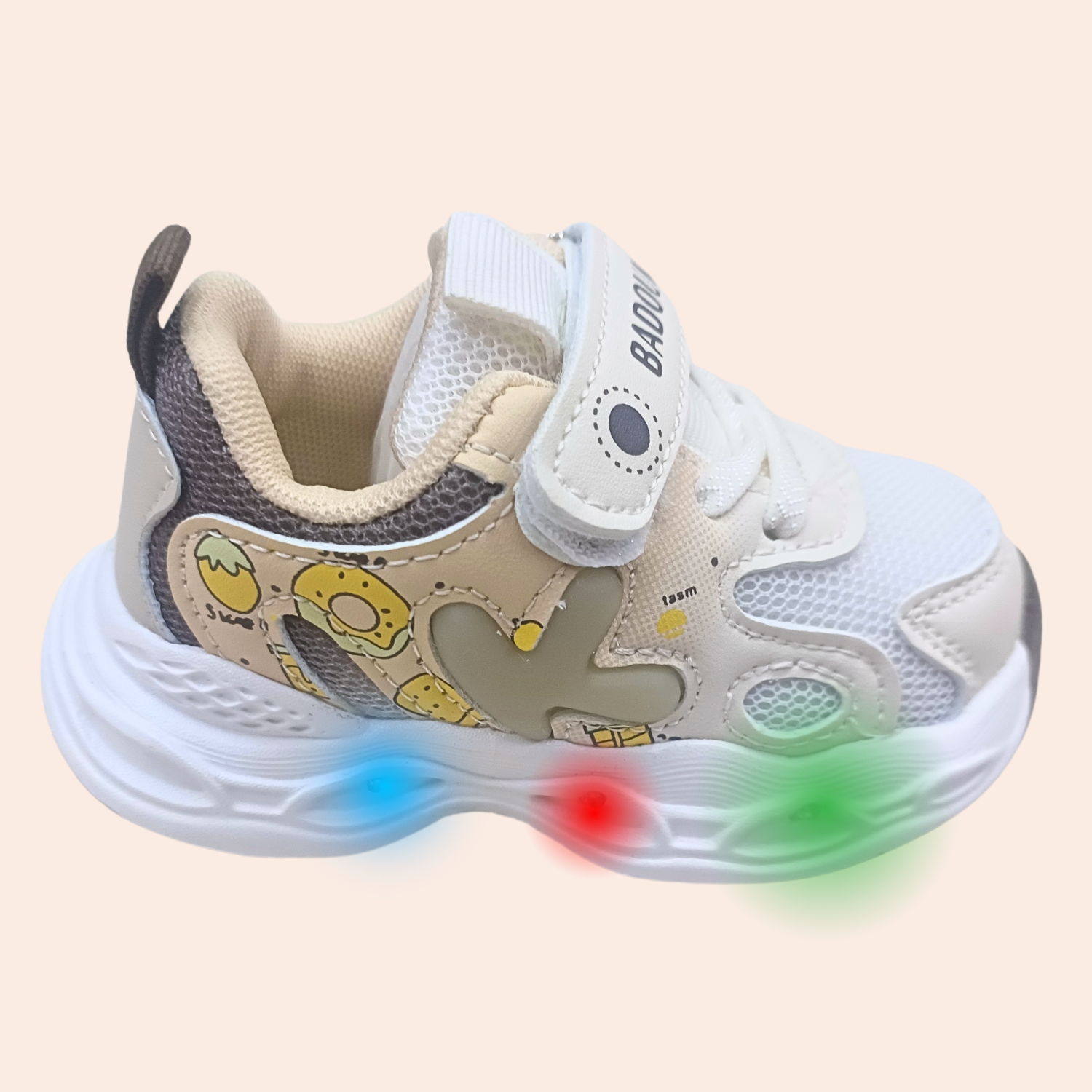 Smile Baby Kids LED Light-Up Sports Shoes – Beige Mesh Sneakers with Hook & Loop Strap (18 Months – 4.5 Years)