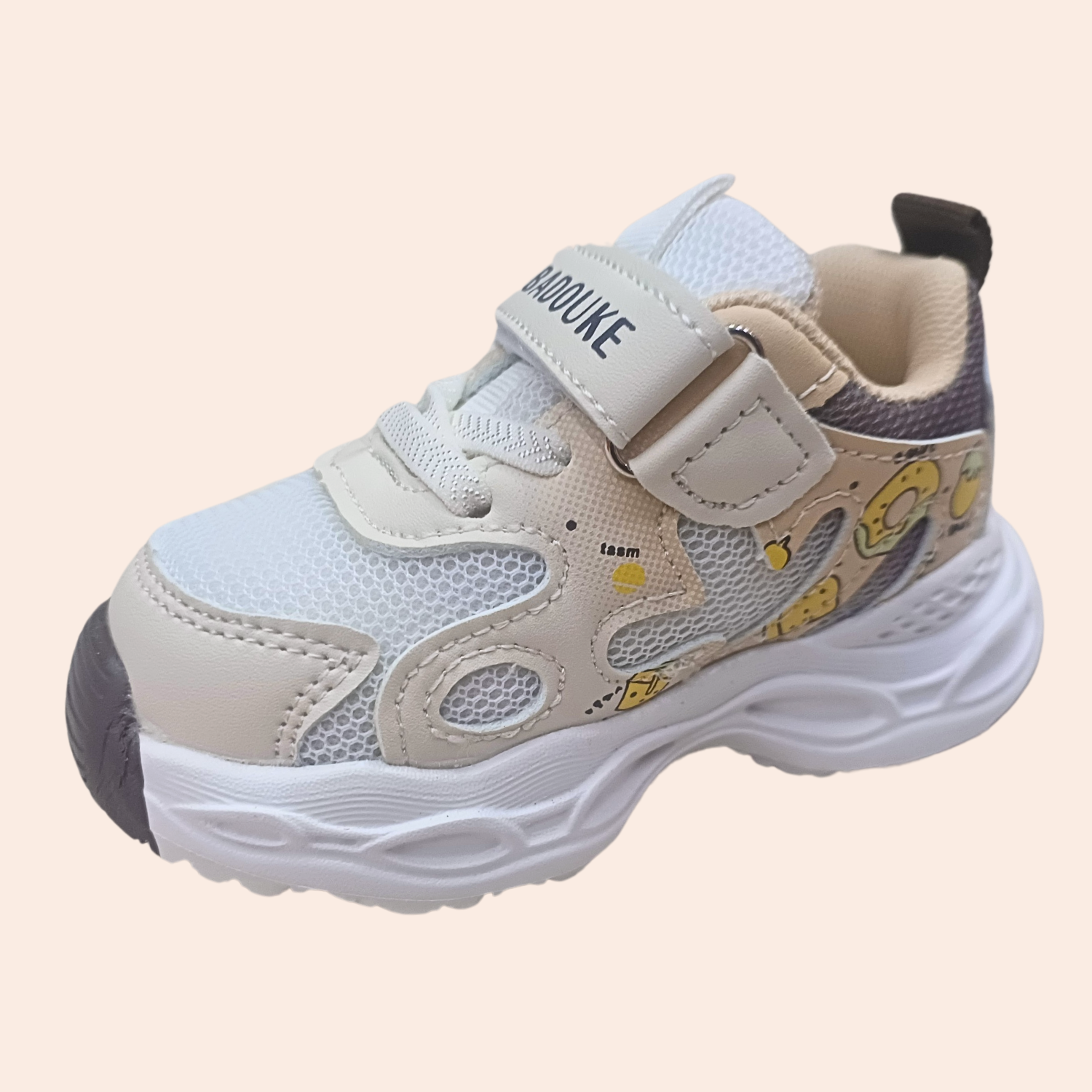 Smile Baby Kids LED Light-Up Sports Shoes – Beige Mesh Sneakers with Hook & Loop Strap (18 Months – 4.5 Years)