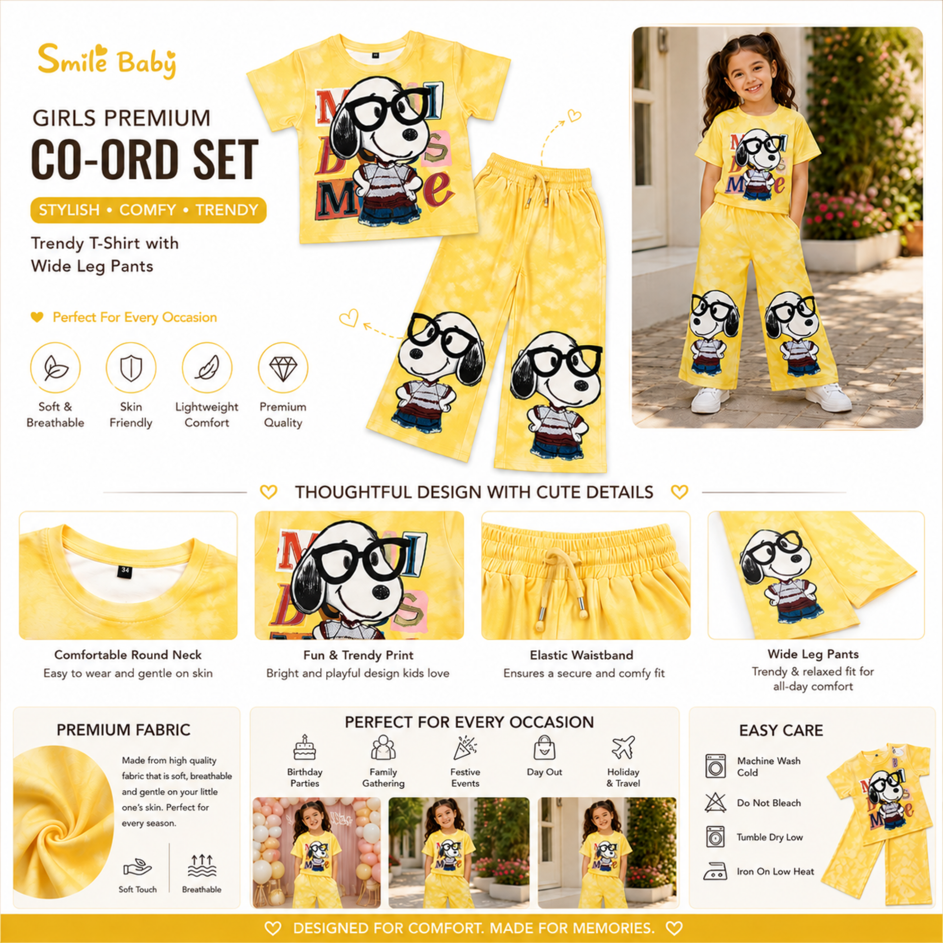 Smile Baby Girls Tie-Dye Cartoon Print Co-Ord Set | Half Sleeve T-Shirt & Wide-Leg Pants | Size 28–38 | 6–14 Years
