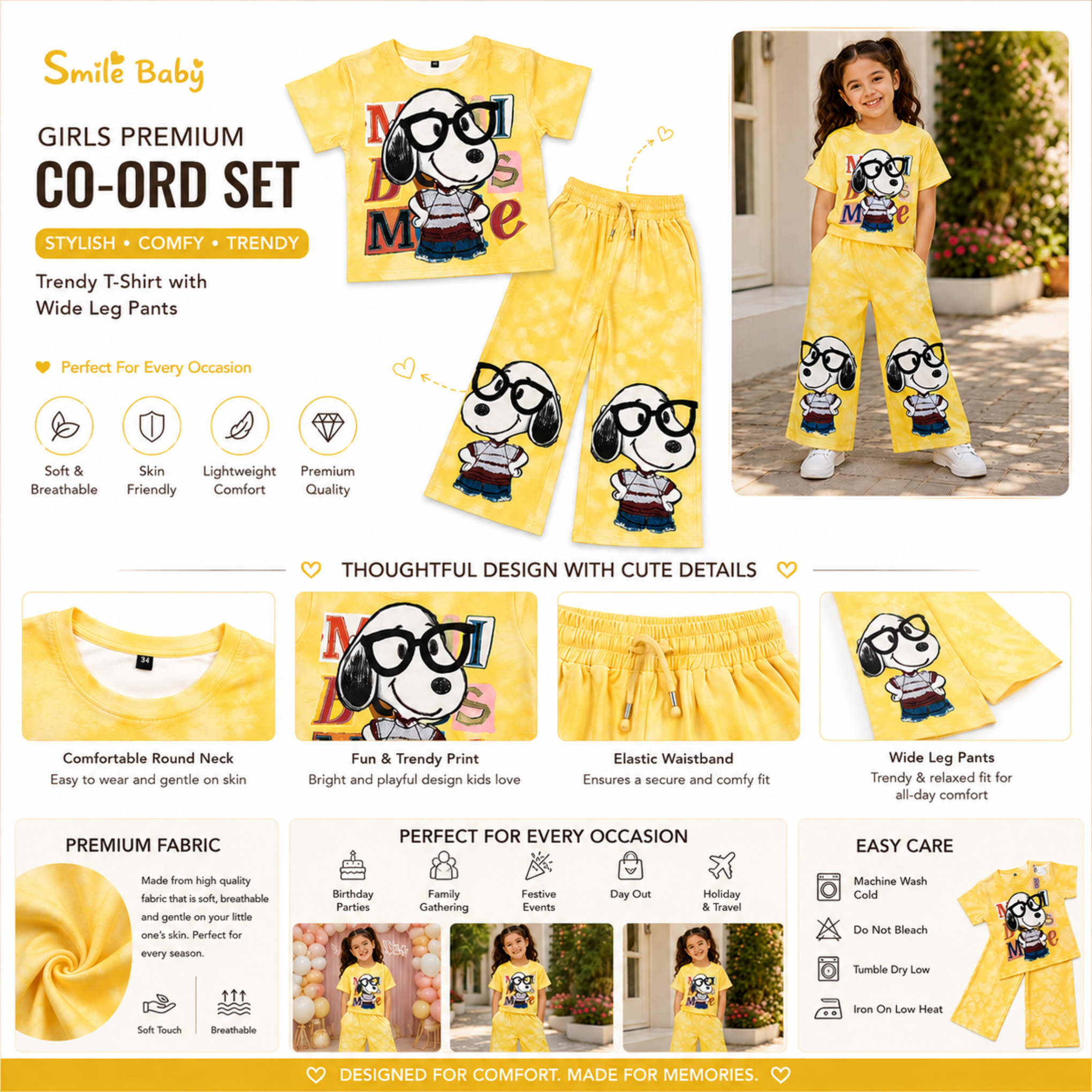 Smile Baby Girls Tie-Dye Cartoon Print Co-Ord Set | Half Sleeve T-Shirt & Wide-Leg Pants | Size 28–38 | 6–14 Years