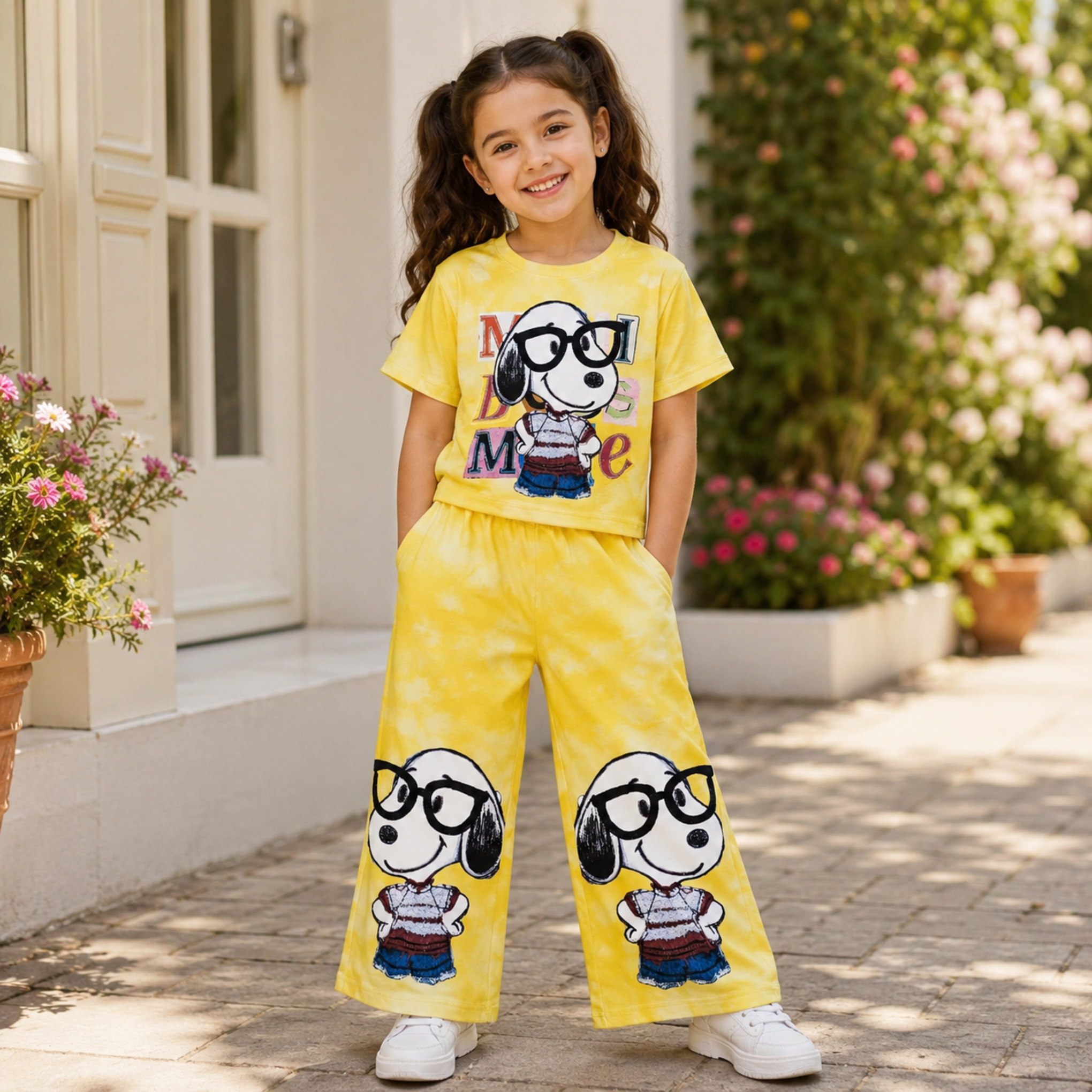 Smile Baby Girls Tie-Dye Cartoon Print Co-Ord Set | Half Sleeve T-Shirt & Wide-Leg Pants | Size 28–38 | 6–14 Years