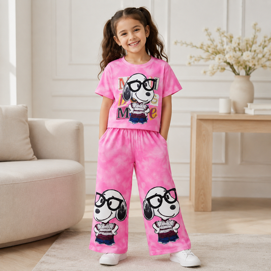Smile Baby Girls Tie-Dye Cartoon Print Co-Ord Set | Half Sleeve T-Shirt & Wide-Leg Pants | Size 28–38 | 6–14 Years