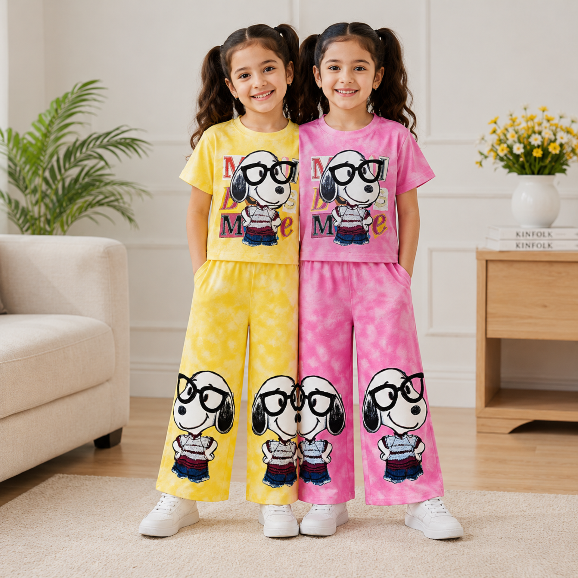 Smile Baby Girls Tie-Dye Cartoon Print Co-Ord Set | Half Sleeve T-Shirt & Wide-Leg Pants | Size 28–38 | 6–14 Years