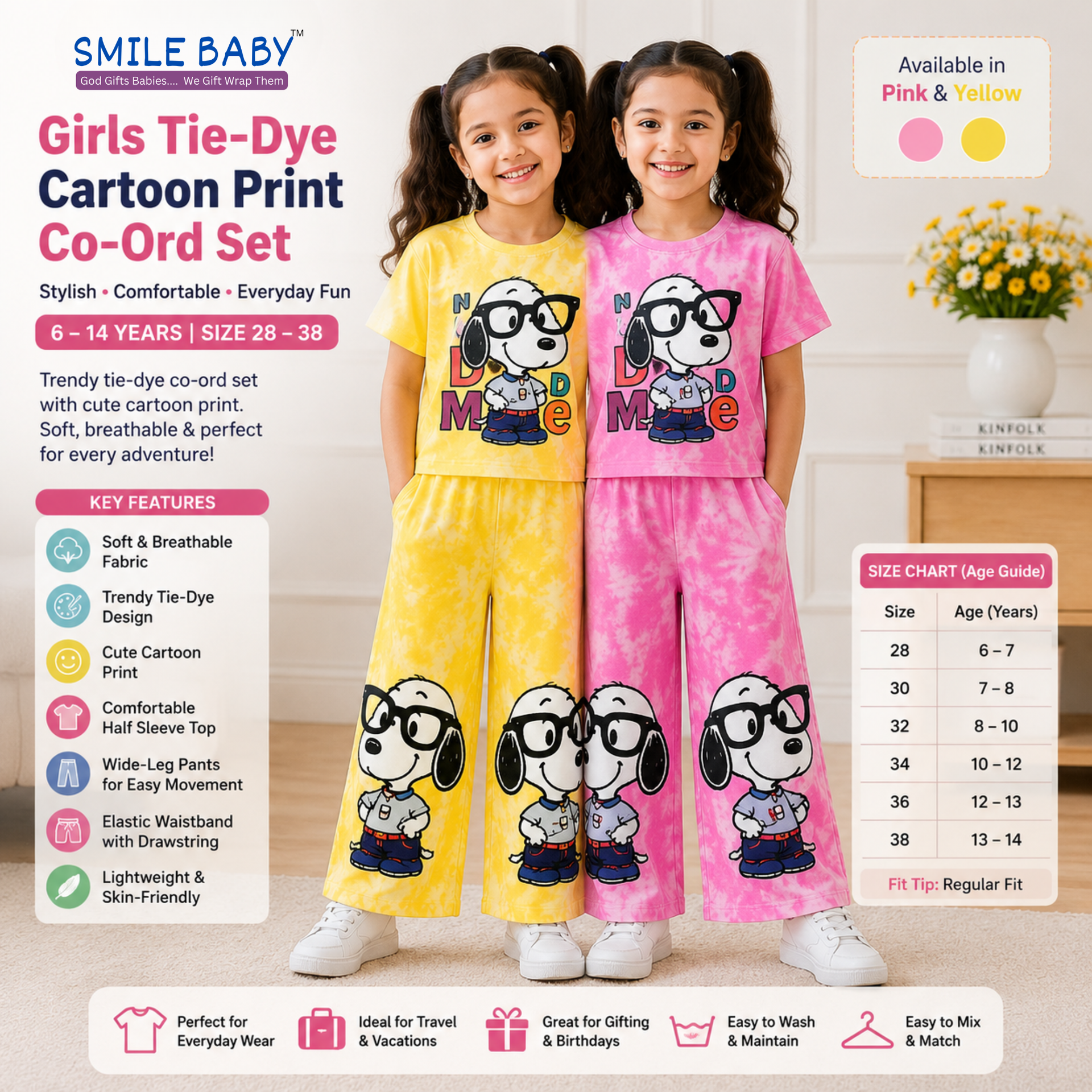 Smile Baby Girls Tie-Dye Cartoon Print Co-Ord Set | Half Sleeve T-Shirt & Wide-Leg Pants | Size 28–38 | 6–14 Years