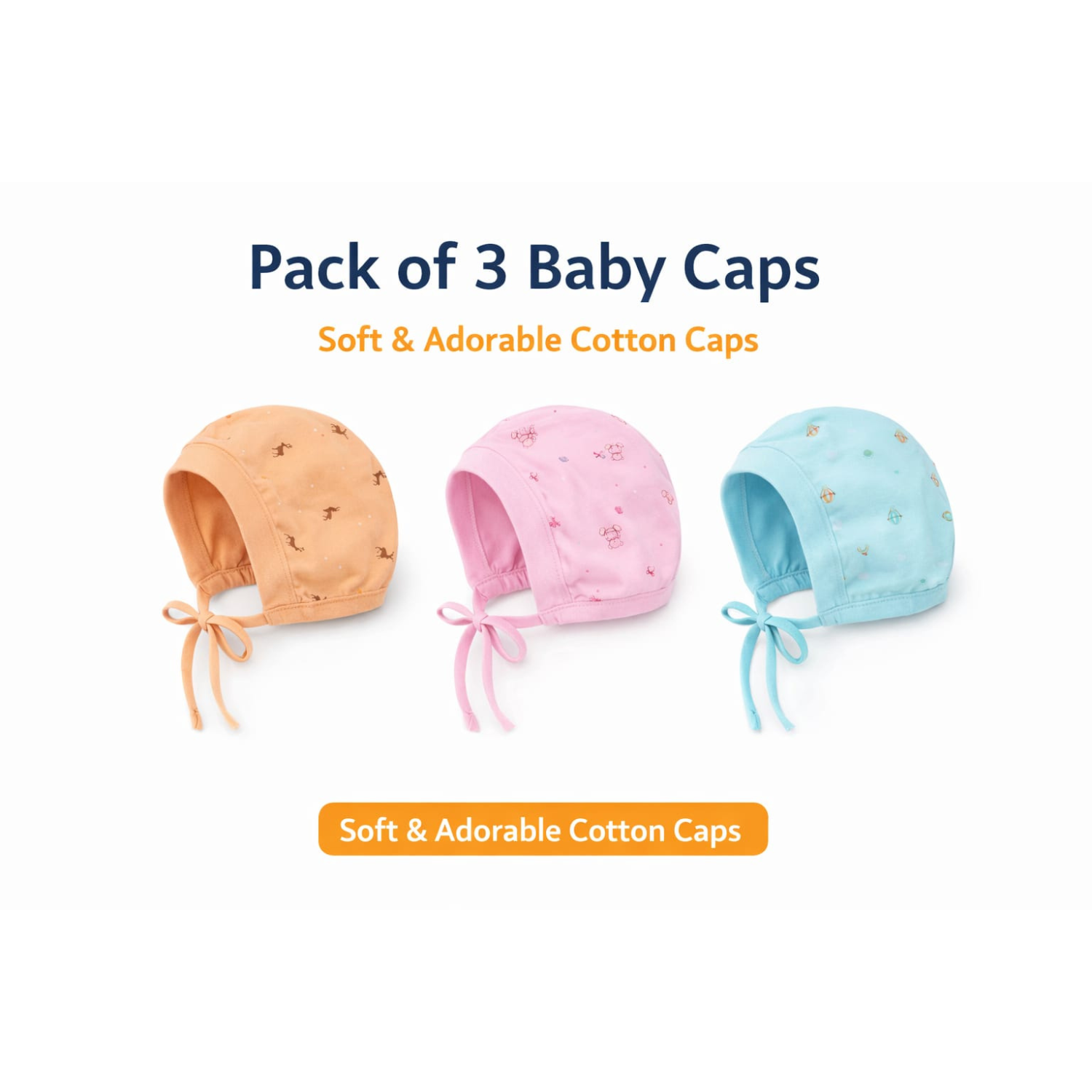ZERO Newborn Baby Cotton Caps with Chin Tie – Soft & Breathable Baby Hats (Pack of 3, 0–12 Months)