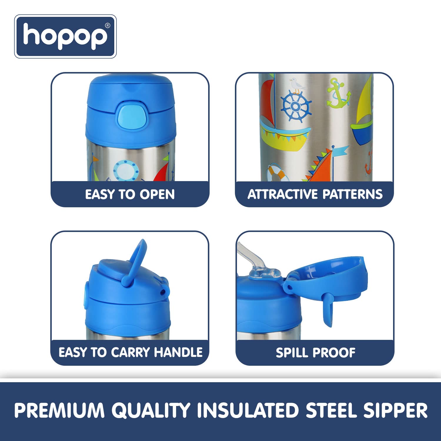 Hopop Insulated Stainless Steel Sipper Water Bottle for Kids | Double Walled Insulated Steel | Cold Water Sipper Bottle with Straw & Carry Handle | Thermos Flask | BPA Free | 300ml | Boat