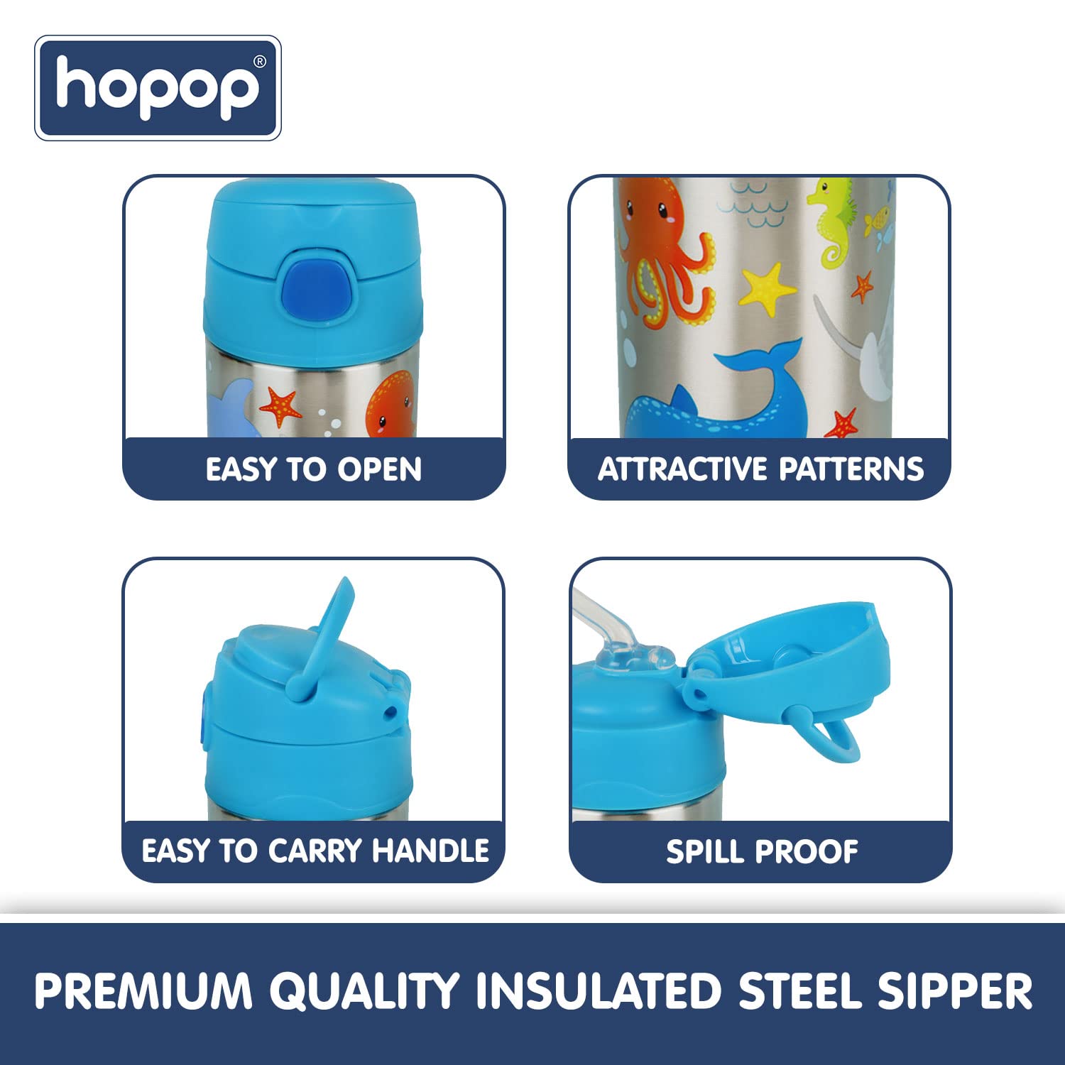 Hopop Kids Insulated Stainless Steel Sipper Bottle 300ml – Double Wall Thermos Water Bottle with Straw & Carry Handle | BPA Free Hot & Cold Bottle | Sea Animals Design