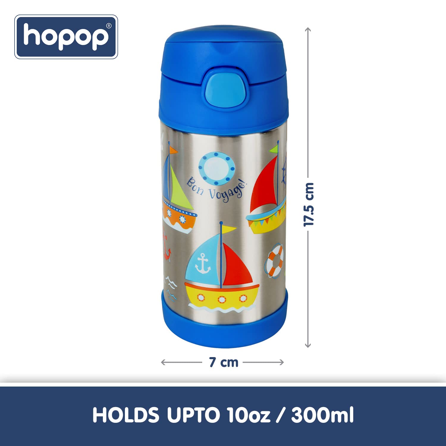 Hopop Insulated Stainless Steel Sipper Water Bottle for Kids | Double Walled Insulated Steel | Cold Water Sipper Bottle with Straw & Carry Handle | Thermos Flask | BPA Free | 300ml | Boat