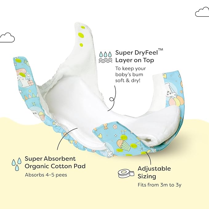 SUPER BOTTOMS Reusable Cloth Diaper – Fruit & Citrus Print Soft Washable Baby Nappy with Absorbent Inserts