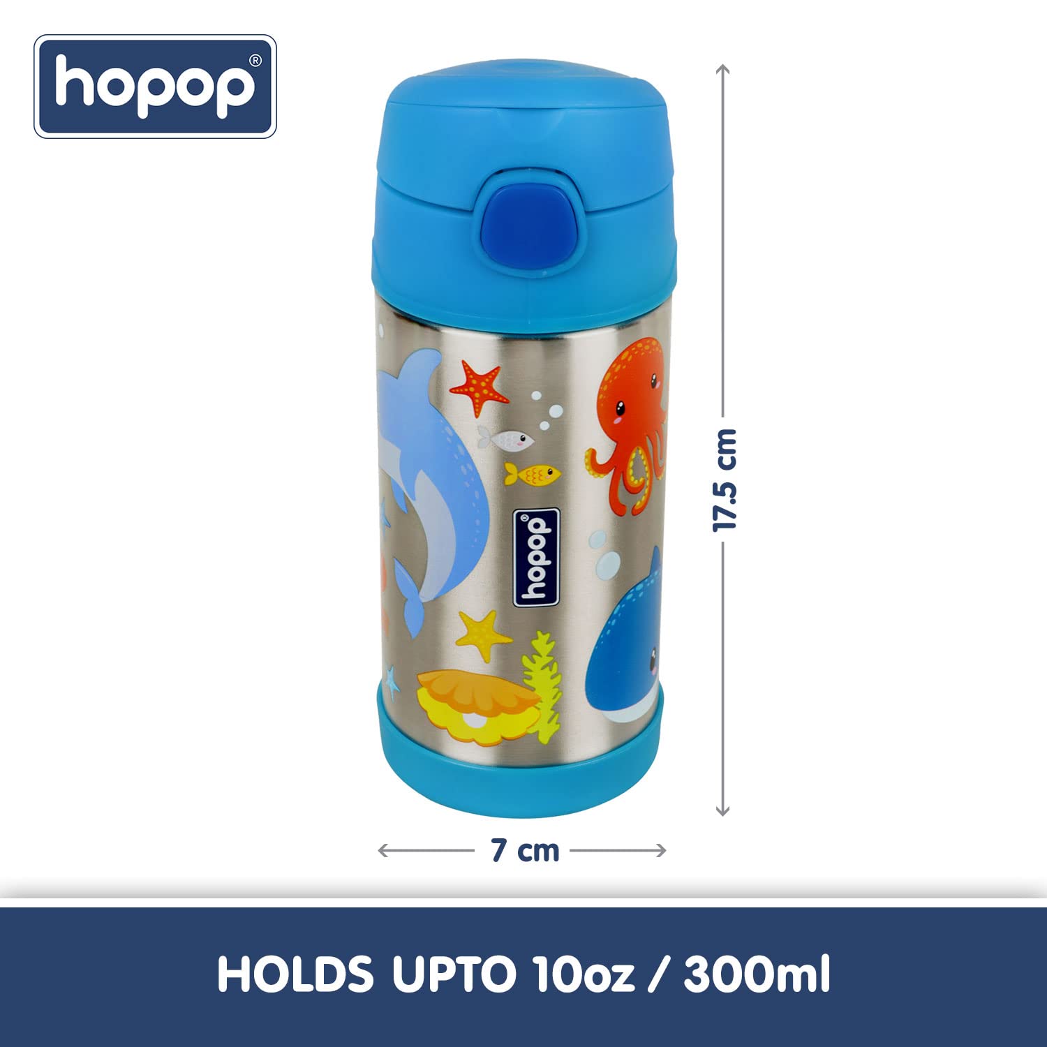 Hopop Kids Insulated Stainless Steel Sipper Bottle 300ml – Double Wall Thermos Water Bottle with Straw & Carry Handle | BPA Free Hot & Cold Bottle | Sea Animals Design