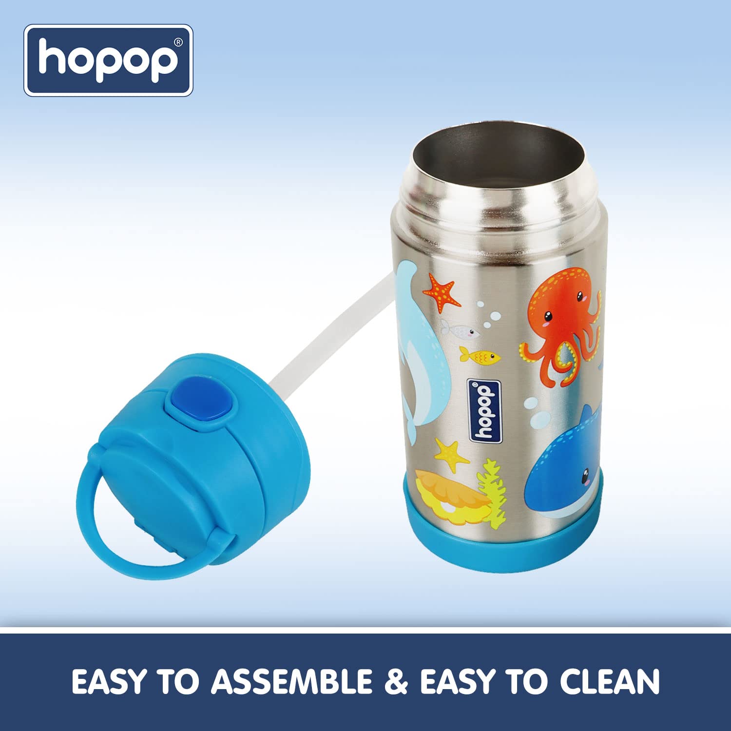 Hopop Kids Insulated Stainless Steel Sipper Bottle 300ml – Double Wall Thermos Water Bottle with Straw & Carry Handle | BPA Free Hot & Cold Bottle | Sea Animals Design