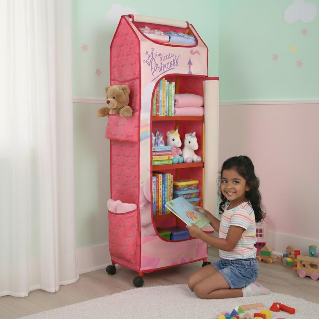 DISNEY Kids Princess Fabric Wardrobe Organizer with Wheels – “My Little Princess” Portable Storage Closet for Girls