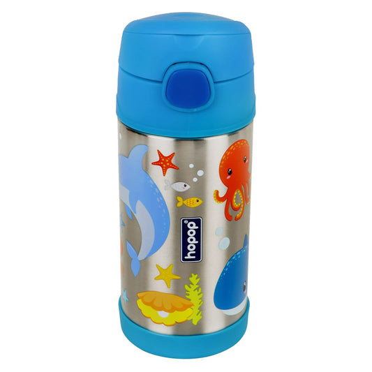 Hopop Kids Insulated Stainless Steel Sipper Bottle 300ml – Double Wall Thermos Water Bottle with Straw & Carry Handle | BPA Free Hot & Cold Bottle | Sea Animals Design
