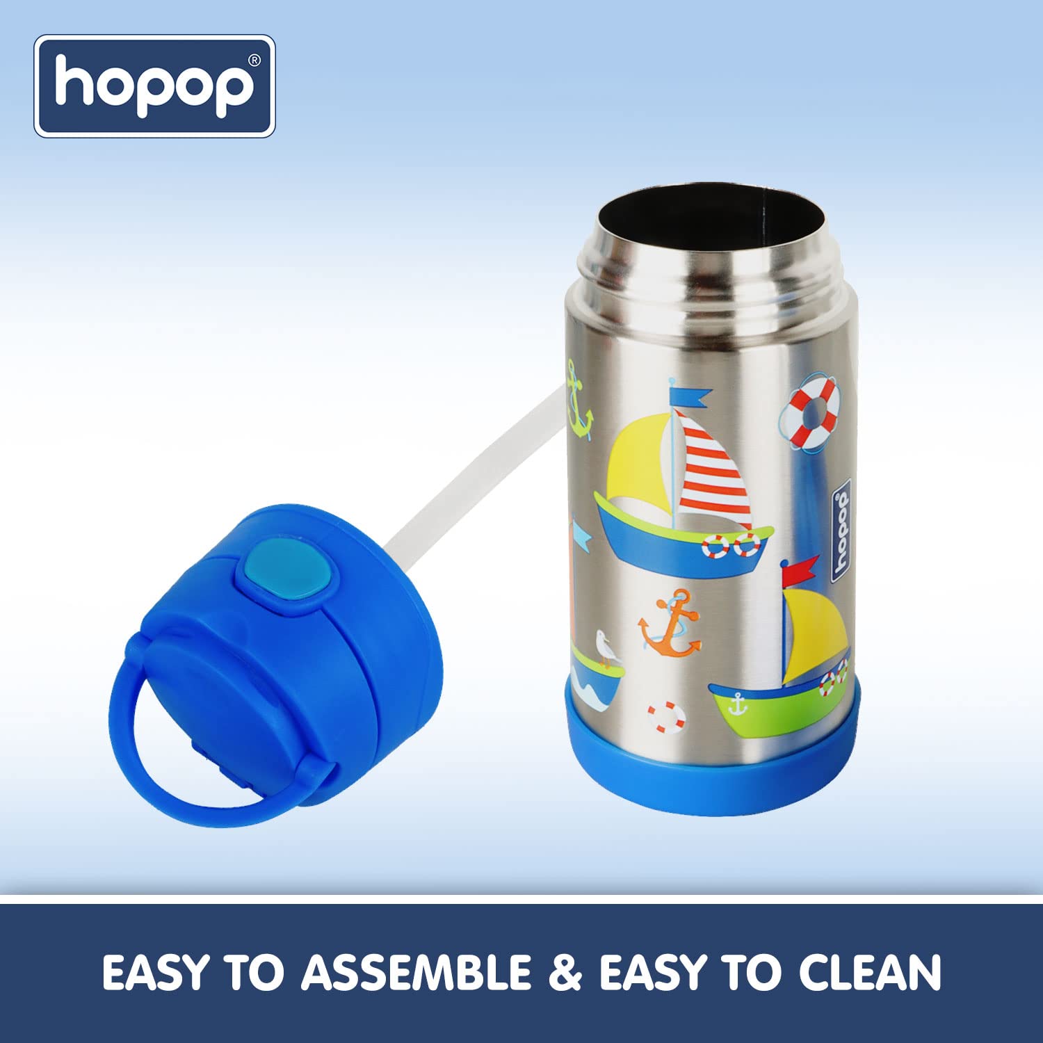 Hopop Insulated Stainless Steel Sipper Water Bottle for Kids | Double Walled Insulated Steel | Cold Water Sipper Bottle with Straw & Carry Handle | Thermos Flask | BPA Free | 300ml | Boat