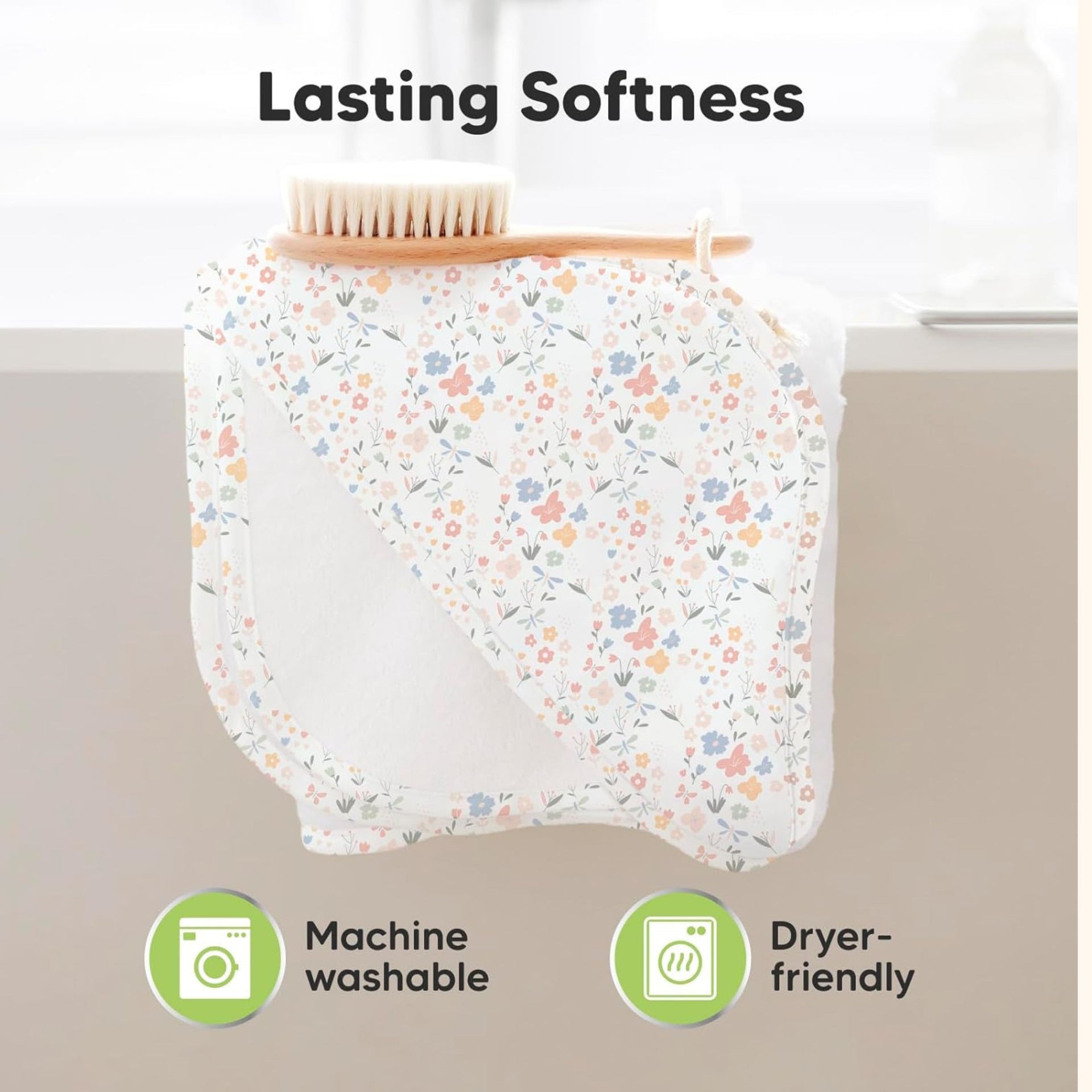 Smile Baby Ultra Soft Hooded Baby Towel | 100% Cotton Baby Bath Towel with Cute Bee & Floral Print | Lightweight, Absorbent & Gentle on Skin | Grey Border | For Newborns & Infants (0-12 Months)