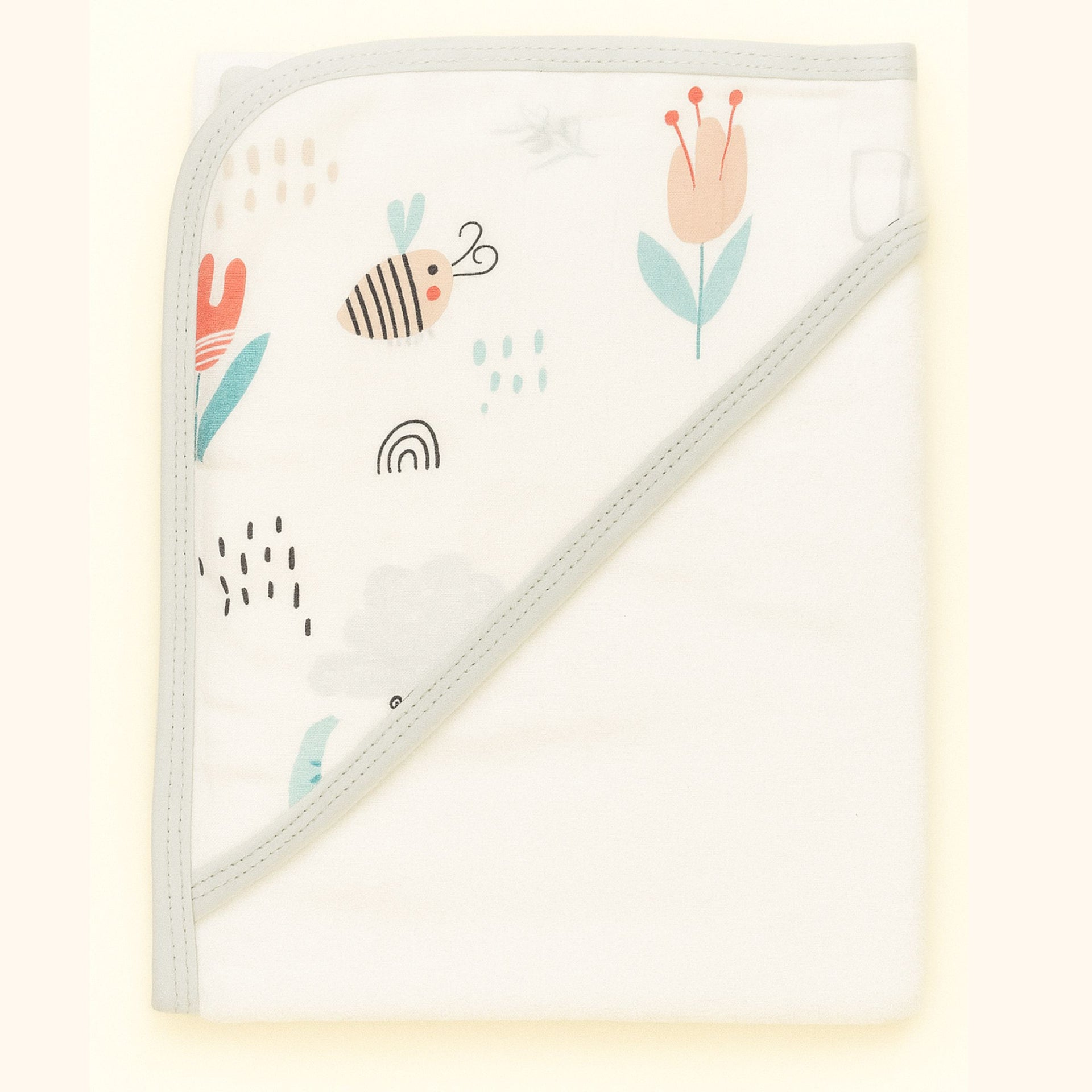 Smile Baby Ultra Soft Hooded Baby Towel | 100% Cotton Baby Bath Towel with Cute Bee & Floral Print | Lightweight, Absorbent & Gentle on Skin | Grey Border | For Newborns & Infants (0-12 Months)