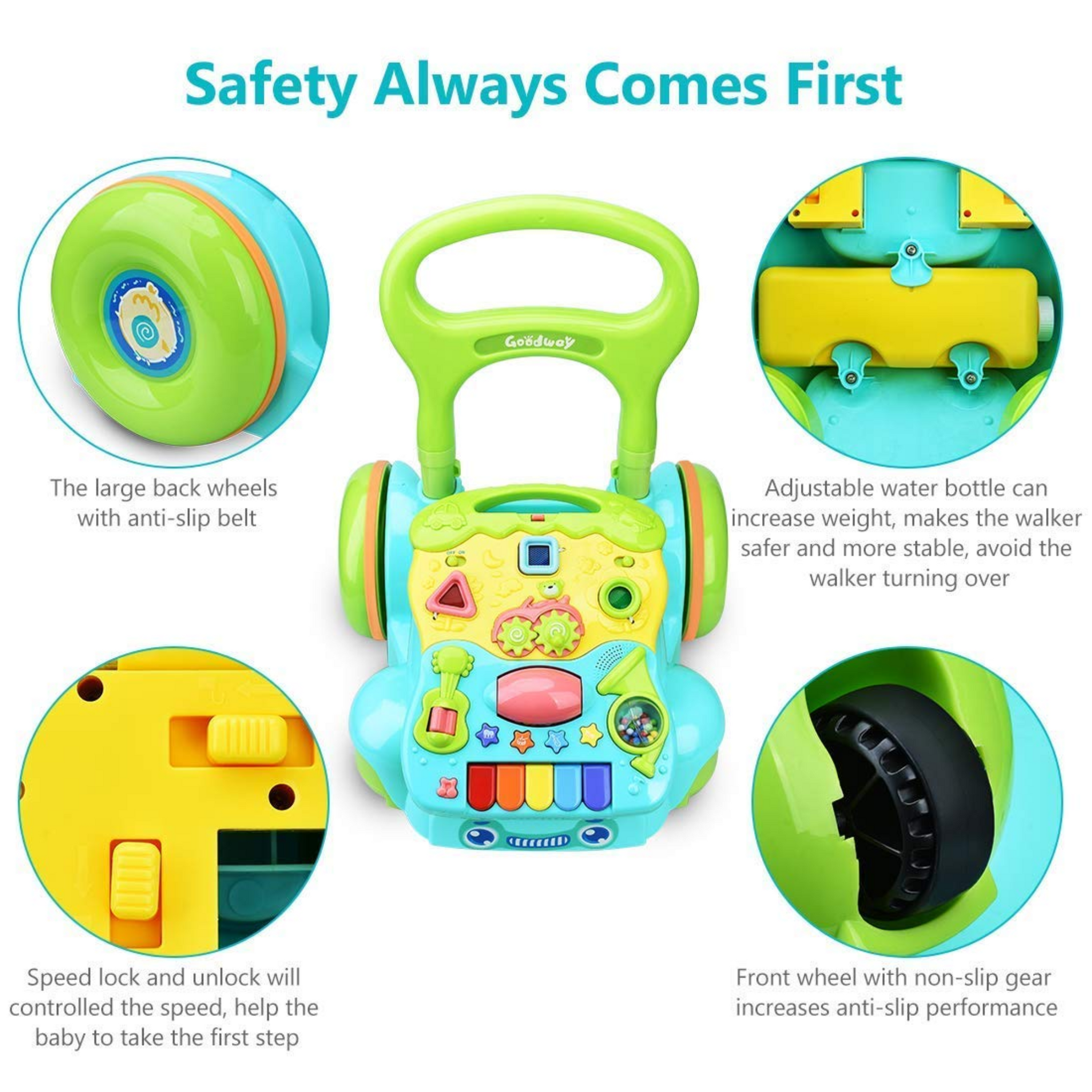 Smile Baby Baby Walker - Blue/Green, Sit-to-Stand Activity Push and Pull Walker for Babies with Music and Light