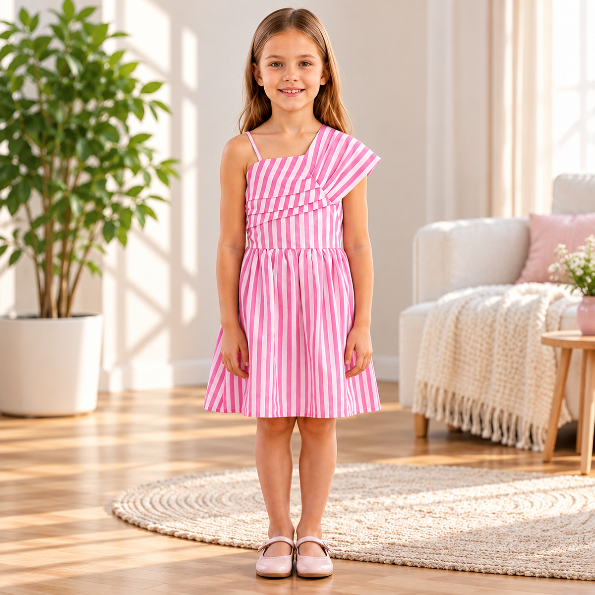 SMILE BABY girls pink striped one shoulder dress front