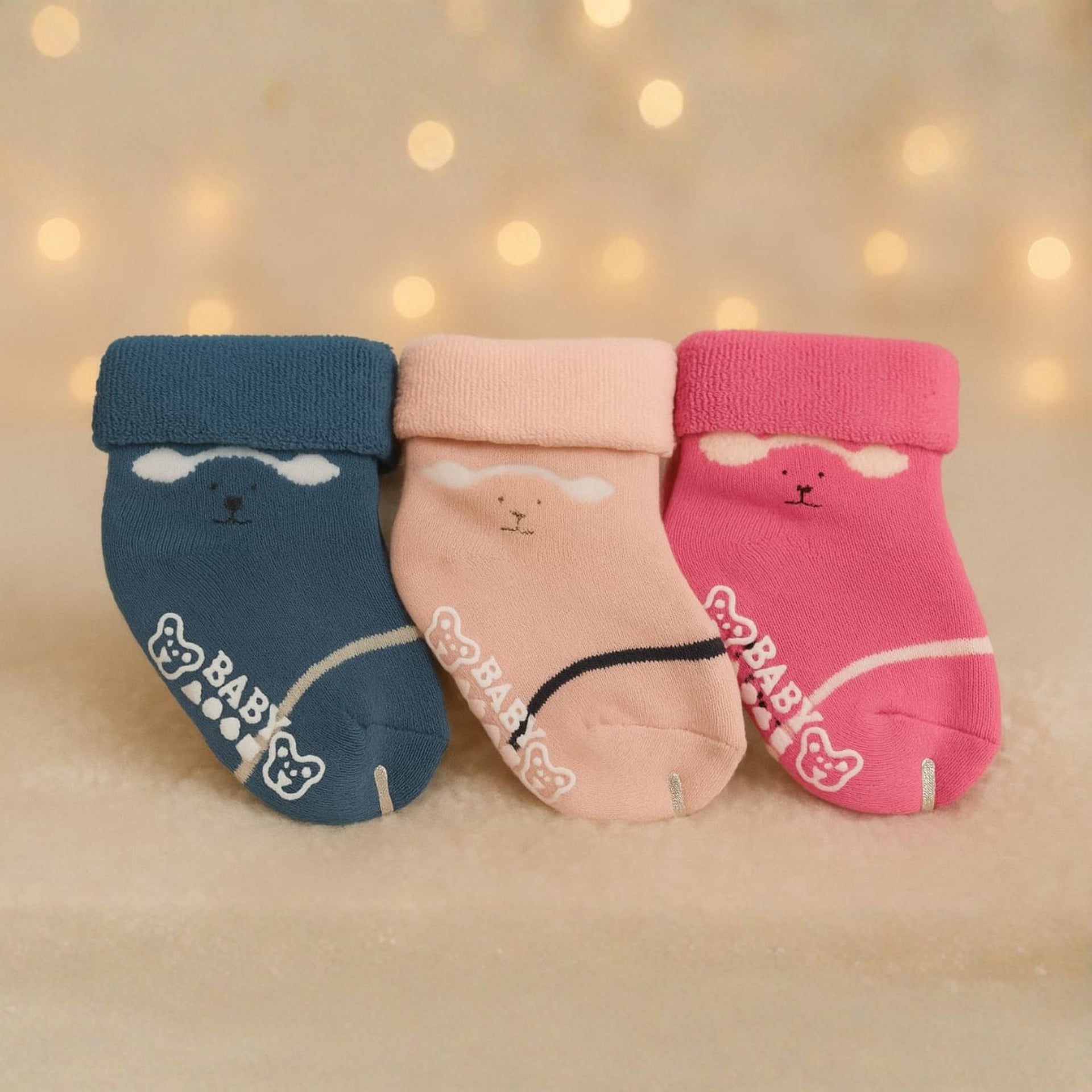 Smile Baby Unisex Anti-Slip Cotton Baby Socks – Soft, Cozy & Stretchable Infant Socks (Pack of 3 – Blue, Peach & Pink Bear Design)