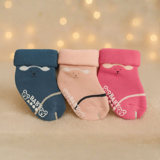 Smile Baby Unisex Anti-Slip Cotton Baby Socks – Soft, Cozy & Stretchable Infant Socks (Pack of 3 – Blue, Peach & Pink Bear Design)