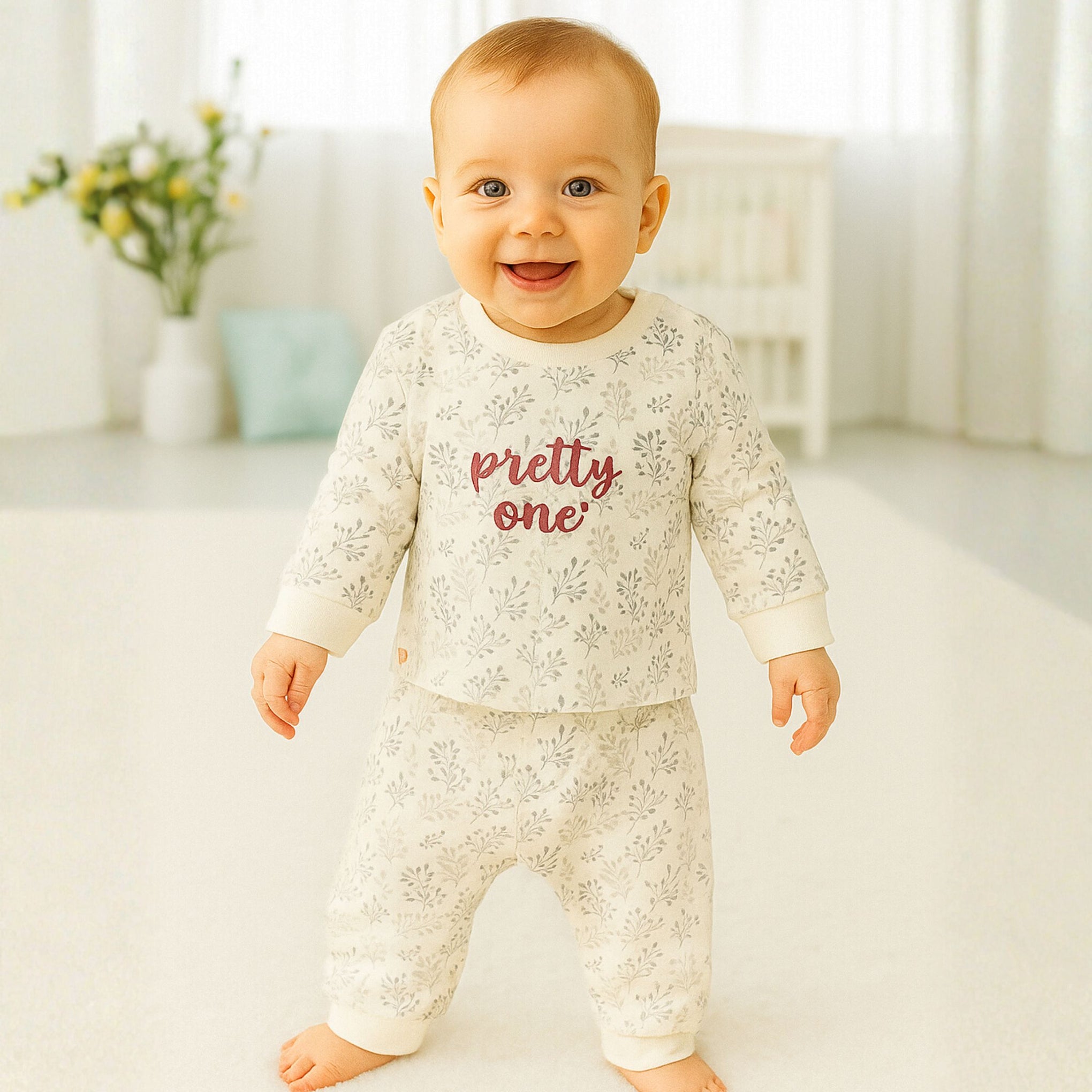 OLLYPOP Baby Girls Floral Printed Top & Bottom Set – “Pretty One” – Cream & Pink | Sizes 3–9 Months